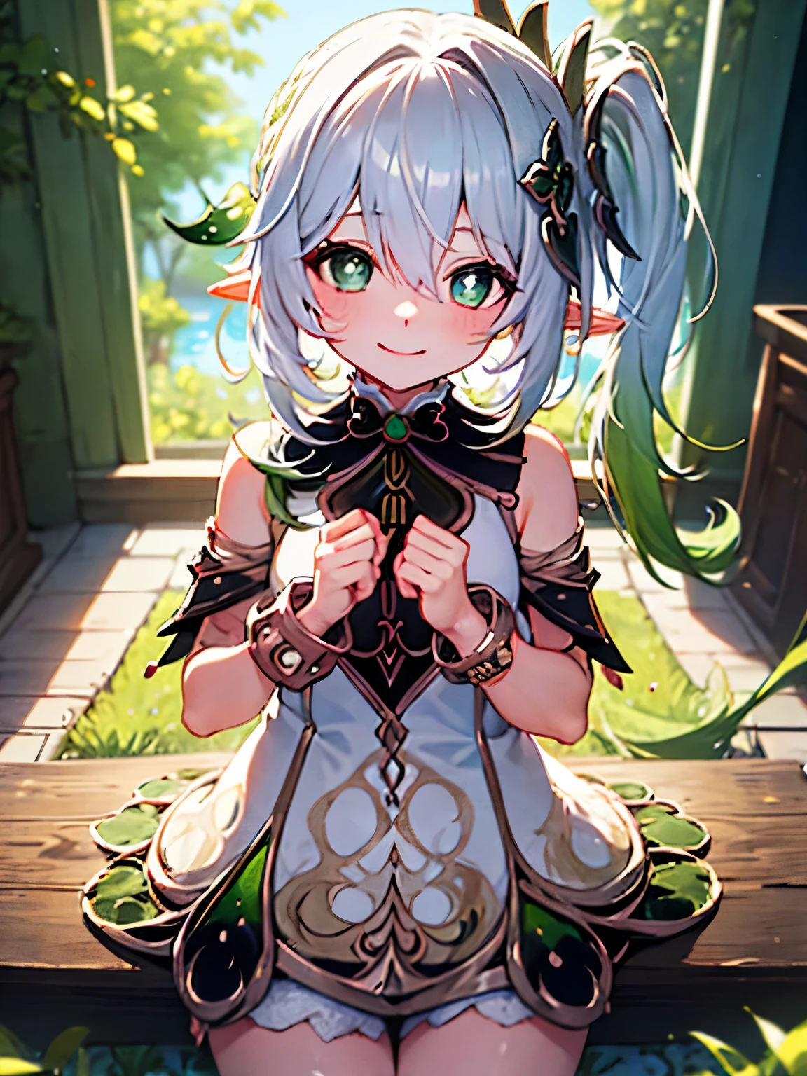 NSFW,nahida_genshin long hair、Green Eyes、bangs、Pointy Ears、hair ornaments、Gray Hair、Symbolic eyeulti-colored hair、Side Ponytail、Gradient Hair、Green Hair、Hair between the eyes、Cross pupil、smile、jewelry、葉っぱのhair ornaments、bracelet,blush,(Perfect hands),(Perfect Anatomy),(masterpiece),(highest quality)