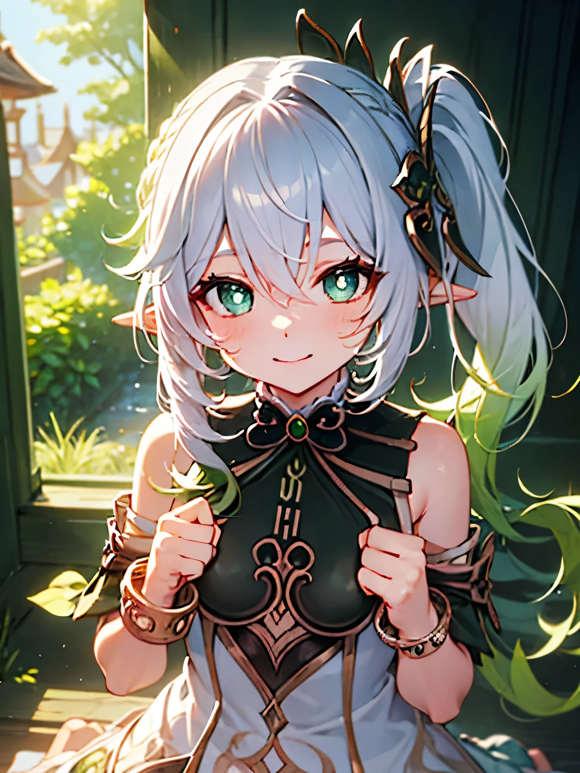 NSFW,nahida_genshin long hair、Green Eyes、bangs、Pointy Ears、hair ornaments、Gray Hair、Symbolic eyeulti-colored hair、Side Ponytail、Gradient Hair、Green Hair、Hair between the eyes、Cross pupil、smile、jewelry、葉っぱのhair ornaments、bracelet,blush,(Perfect hands),(Perfect Anatomy),(masterpiece),(highest quality)