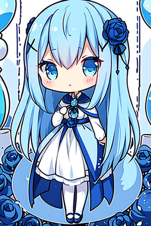 A blue haired woman with blue eyes and an hourglass figure in a cute mage outfit is blushing in a flurry of blue rose petals