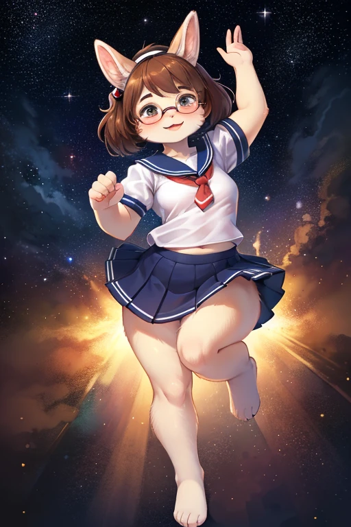 full body shot , hairy bunny Short stature girl , (realistic hairy bunny fur:1.2) , round Mumps face , (tilt face:1.2) , geek , Swollen cheeks , glossy lips , eyewear , school sailor , skirt , Floating in the Starry sky , floating , Spacewalk , dynamic pose