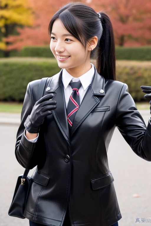 Black leather gloves on both hands, Blazer and ribbon uniform, Black hair ponytail, Upper Body, Smiling and talking on a black smartphone, Cute Japanese Girl (Black leather gloves covering both hands) Traveling alone