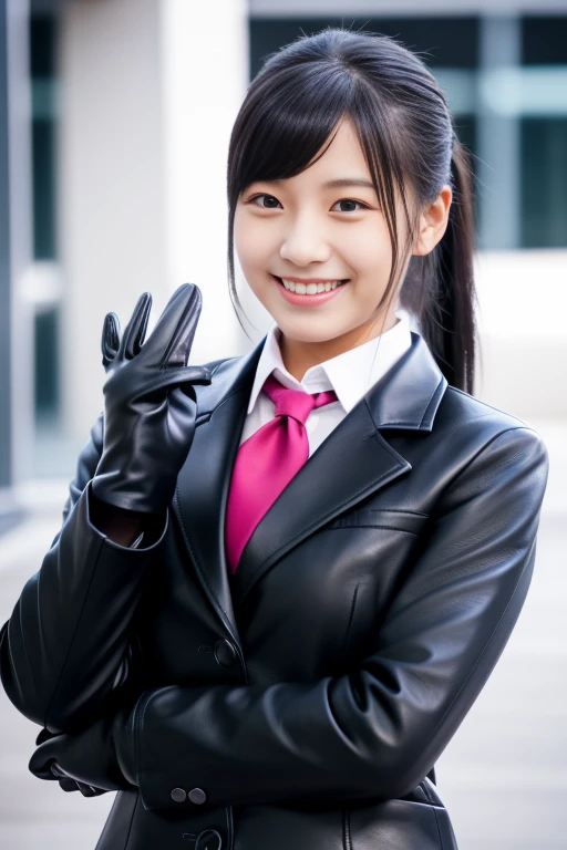 Black leather gloves on both hands, Blazer and ribbon uniform, Black hair ponytail, Upper Body, Smiling and talking on a black smartphone, Cute Japanese Girl (Black leather gloves covering both hands) Traveling alone
