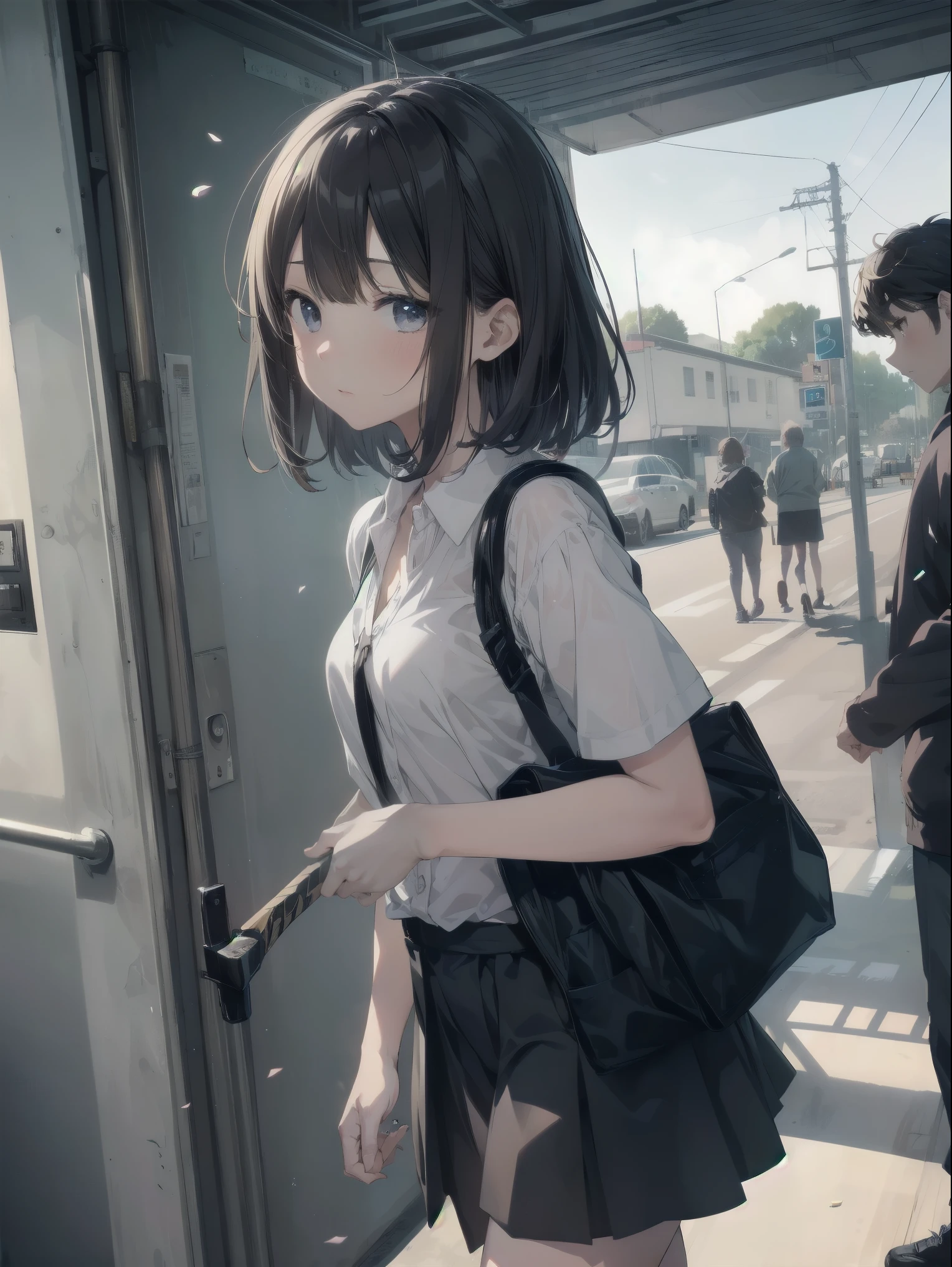 god quality, Anime cute art style,Best Anime 8K Konachan Wallpapers,pixiv contest winners,Cool anime 8k,Perfect anatomical structure, (Please draw a girl walking to school with sleepy eyes. ),rest, 1 Girl, (Solitary,,,:1.3),A junior high school student, Androgynous charm, (Very short hair),Messy hair, Complete limbs, Full fingers,flat chest, Small butt, groin, Small Eyes,Delicate and beautiful black eyes,Disgusted look, , On the school commute. rest,Super detailed,high resolution,Super delicate skin,There is a samurai sword in hand ,Professional lighting,8k Eye Detail, (cool illustration:1.2),