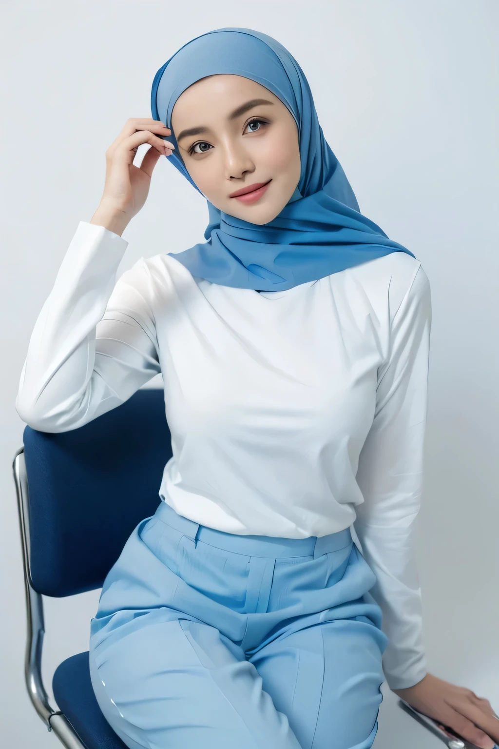 1 lady, 20 years old, best body,  wearing white hijab, hijab covers whole hair, wearing blue nurse shirt & blue trousers, thighs, sitting on chair, holding up file, white background, nurse wear, close shot, medium breast (medium breast 1.0), hospital