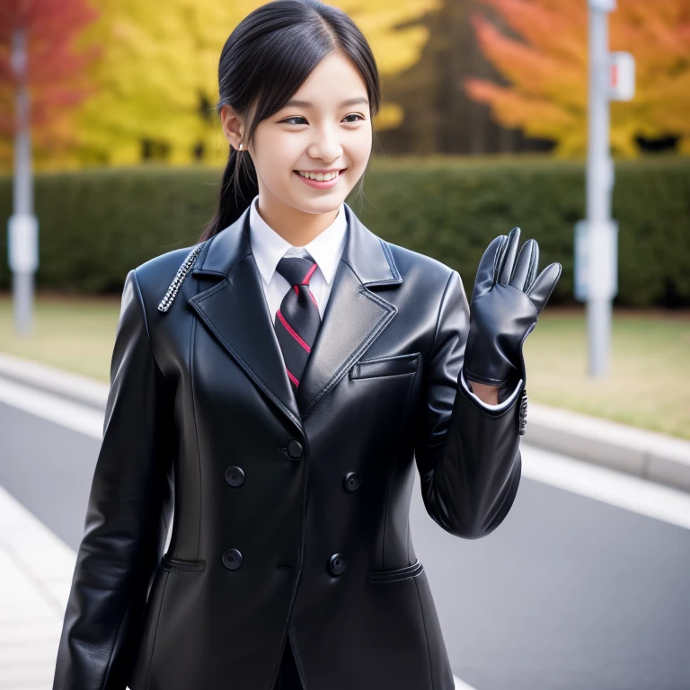 Black leather gloves on both hands, Blazer and ribbon uniform, Black hair ponytail, Upper Body, Smiling and talking on a black smartphone, Cute Japanese Girl (Black leather gloves covering both hands) Traveling alone