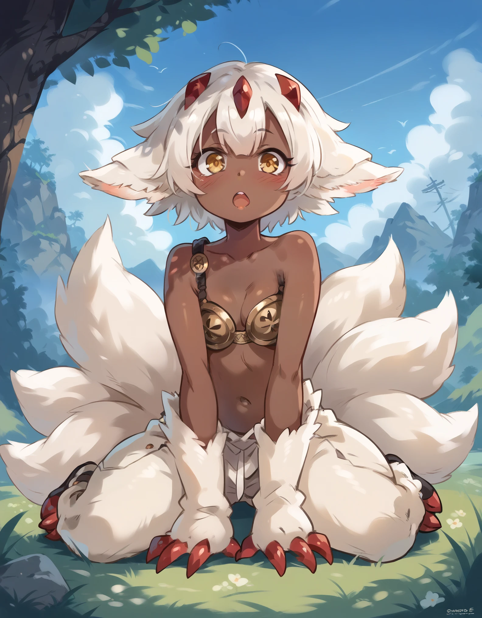 (score_9, score_8_up), score_7_up, score_6_up,  Faputa, 1girl, dark skin, dark-skinned girl, white hair, short hair, 4arms, red claws, multiple tails, yellow eyes, white fur, animal ears, metal bra, on all four, facing viewer, looking at viewer, open mouth, blushing, outdoors, grass, hills, khyle.