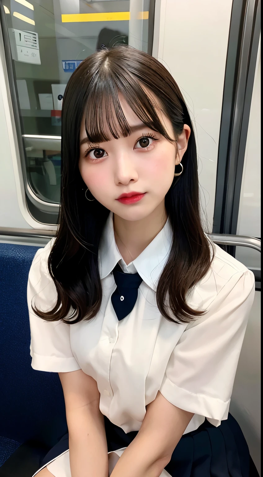 8K RAW Photos、High resolution、breast enhancement、Abdominal muscles、Ribbed、Black-haired、Beautiful at 22 years old Japan、Round face、very small lips、Round big、valley、Beautifully drawn eyes in every detail、Long eyelashes、Beautiful double eyelids、Three white eyes、Duck mouth、Blunt bangs、Bowl Cut、Earrings、necklace、Random facial expressions、White dress shirt, Upper Body,, (Navy Pleated Skirt:1.1), Thighs Thighs Thighs Thighs, Short sleeve, in the train, sit on bench seat, (Dark red tie:1.1)