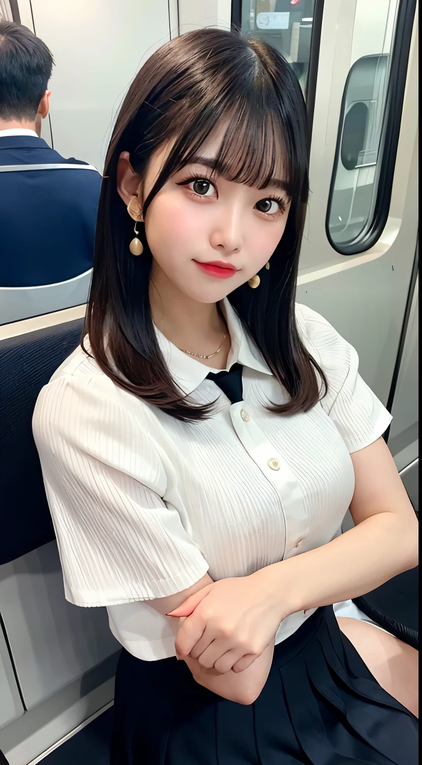 8K RAW Photos、High resolution、breast enhancement、Abdominal muscles、Ribbed、Black-haired、Beautiful at 22 years old Japan、Round face、very small lips、Round big、valley、Beautifully drawn eyes in every detail、Long eyelashes、Beautiful double eyelids、Three white eyes、Duck mouth、Blunt bangs、Bowl Cut、Earrings、necklace、Random facial expressions、White dress shirt, Upper Body,, (Navy Pleated Skirt:1.1), Thighs Thighs Thighs Thighs, Short sleeve, in the train, sit on bench seat,  (Dark red tie:1.1)