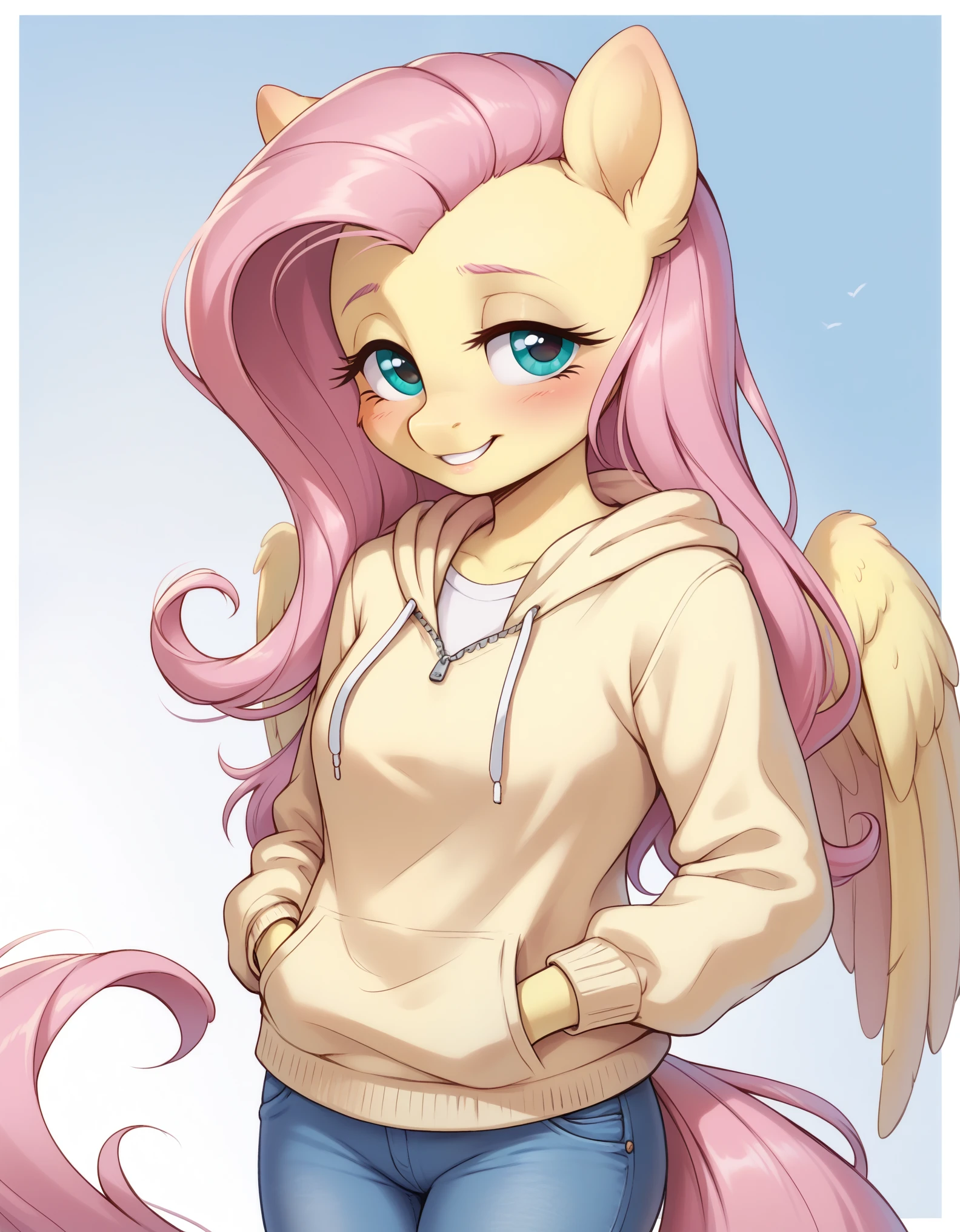 score_9, score_8_up, score_7_up BREAK fluttershy, pegasus, anthro, g4, blushing, border, fluttershy, clothes, denim, female, gradient background, hand in pocket, hoodie, jeans, lidded eyes, mare, pants, smiling, solo, nording