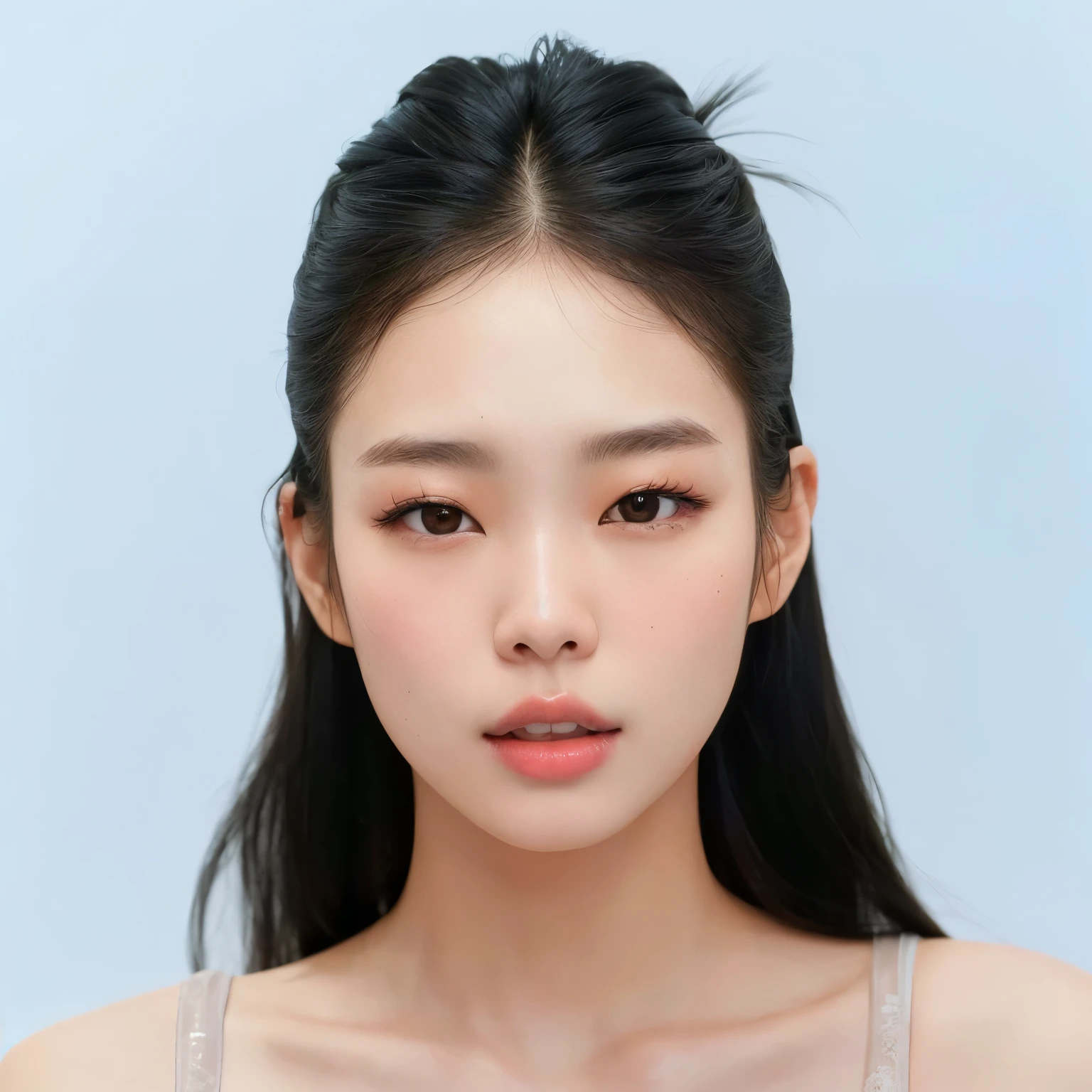 a close-up of a woman with long hair and bra, young lovely korean face, Southeast Asian with round face, Korean facial features, korean symmetrical face, jennie blackpink, maquiagem coreana popular, Yanjun Chengt, maquiagem sul-coreana popular, young cute wan Asian face, Asian face, linda jovem coreana, linda jovem coreana, asian features