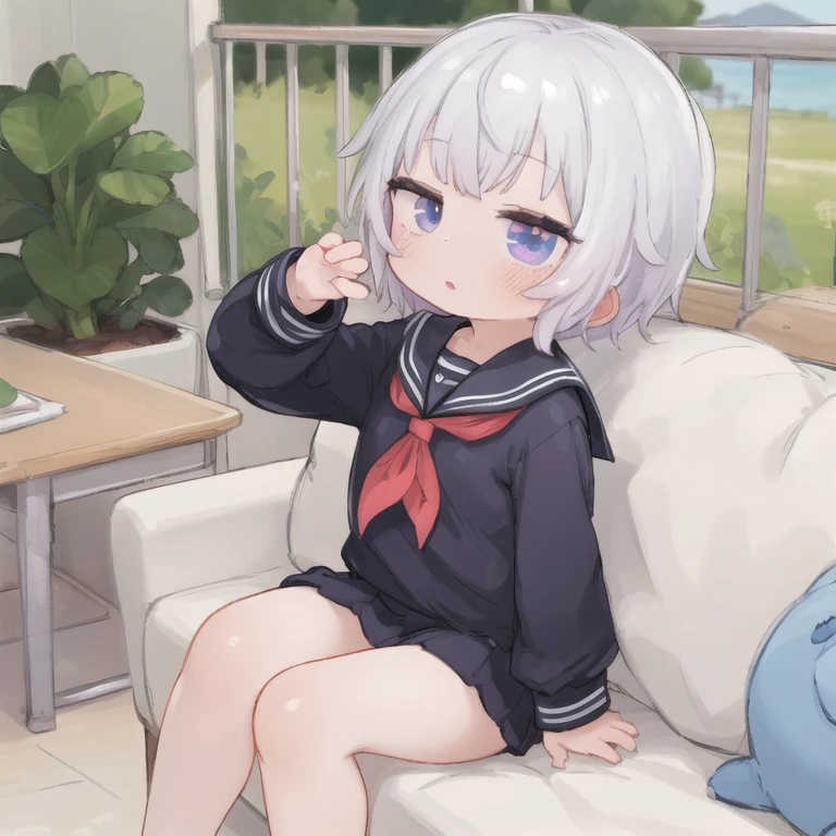 masterpiece,high quality, 1 girl,(serafuku:1.2),Sitting,Lean back,Place one'Place one'Put your foot forward, 10-year-old female,Thick eyebrows,Droopy eyes, Baby Face,Round face,Big round eyes,Braiding, Short pigtails, Blunt bangs,Black Hair,Glasses,Brown eyes,Very short stature,Very thin limbs,Sailor suit,mini skirt,White panties,kanedabike,Large scooter,SF,cyber punk,Very low seat,SF,cyber punk,Low vehicle height,One step ahead,