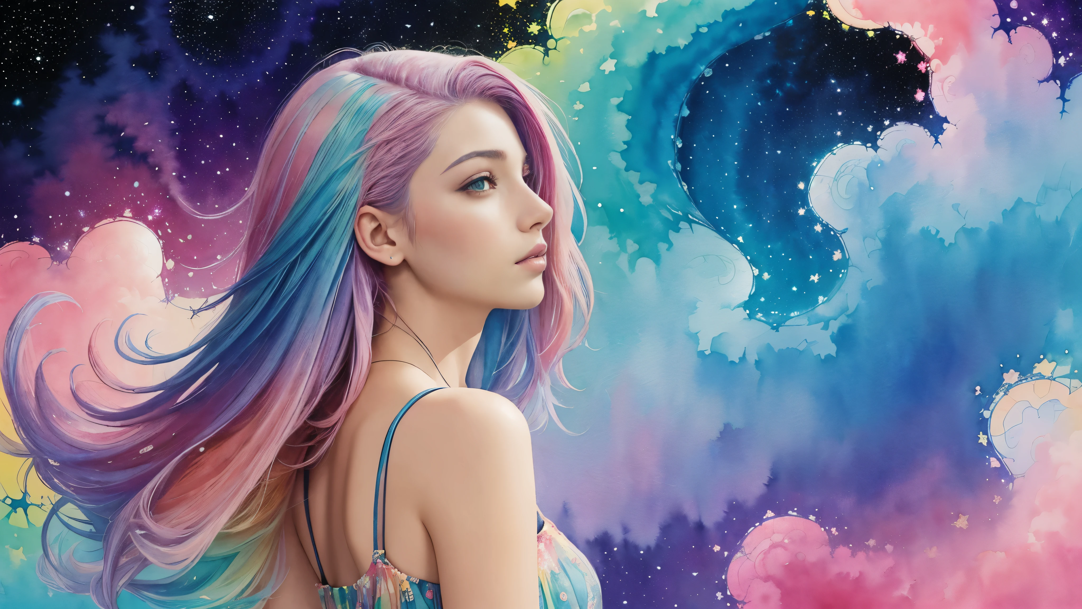 (masterpiece, top quality, best quality,watercolor (medium),official art, beautiful and aesthetic:1.2),(1girl:1.3), (fractal art:1.3),upper body, from side, looking at viewer,patterns,(rainbow color Hair,colorful hair,half blue and half pink hair:1.2),water,liquid, cloud,colorful, starry,stars,
