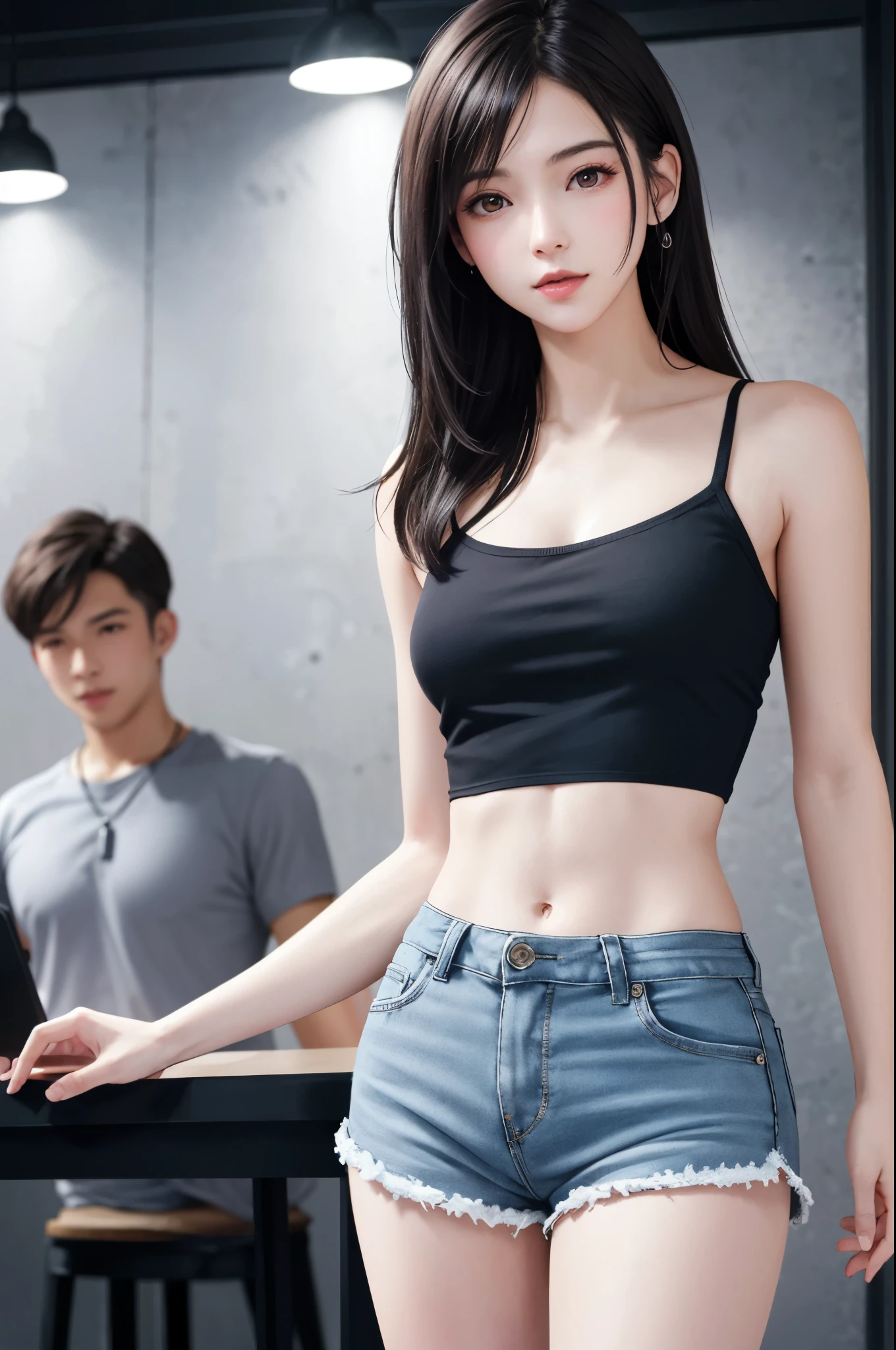 {Top Quality, Masterpiece}, (Realistic: 1.3), BREAK {{{FF7,Tifa_lockhart}}},(crowd of men:1.7), BREAK Ultra-detailed face, Detailed RED eyes,{Dark Brown Hair, Large breasts},{{{A dark lighting, disco club, disc jockey, table, indoor}}}, glowing headphone, BREAK (wearing micro shorts, See-through sheer, tube top:1.5), clothed:1.2, (No Bra) ,(shiny oiled skin: 1.1), about 18 years old, {erotic eyes, erotic mouth, erotic face}, Shining head phone:1.3