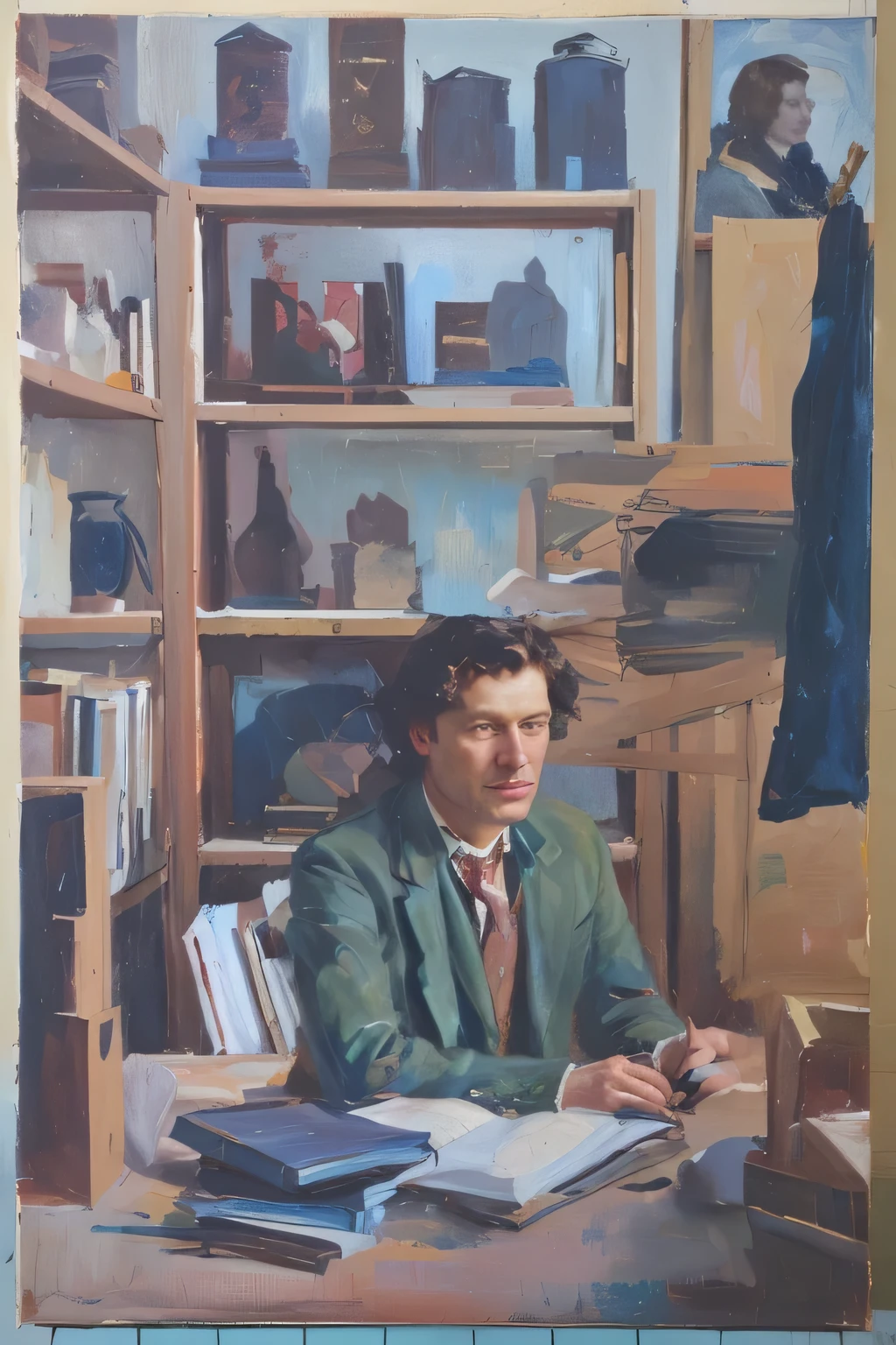 painting of a man sitting at a desk with a book, portrait of a art student, artists portrait, solo portrait, book portrait, gouache on canvas, portrait in center, full portrait, oil on linen, portrait of a museum art curator, botticelli, a painting in the style of thomas w schaller, inverted black and white, revived historic art forms, william russell flint, victorian glasgow