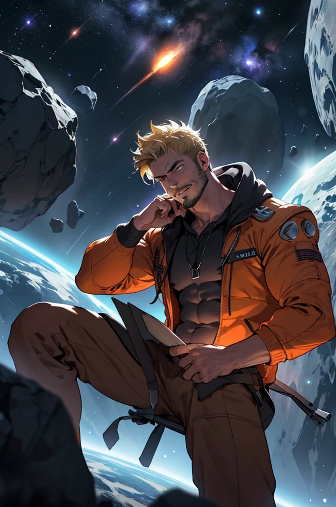 Draw an adult programmer, sitting on a research platform floating in the middle of an asteroid belt. He is studying with a notebook, surrounded by several asteroids glowing with fiery auras. Dramatic lighting from distant stars and planets illuminates the scene, casting deep shadows on the suit. The adult man looks confident and determined, looking at the vast and mysterious universe with wonder and respect, facial hair, cowboy shot, shirtless, blonde, naked, hairy chest, no sleves