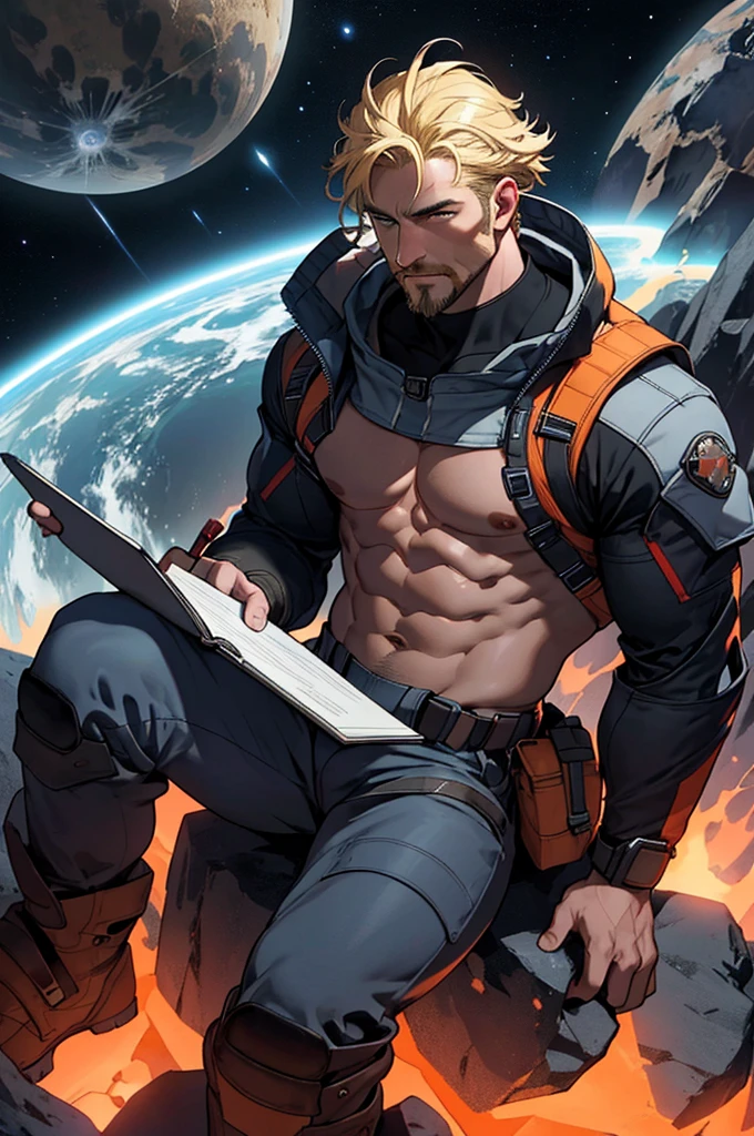 Draw an adult programmer, sitting on a research platform floating in the middle of an asteroid belt. He is studying with a notebook, surrounded by several asteroids glowing with fiery auras. Dramatic lighting from distant stars and planets illuminates the scene, casting deep shadows on the suit. The adult man looks confident and determined, looking at the vast and mysterious universe with wonder and respect, facial hair, cowboy shot, shirtless, blonde