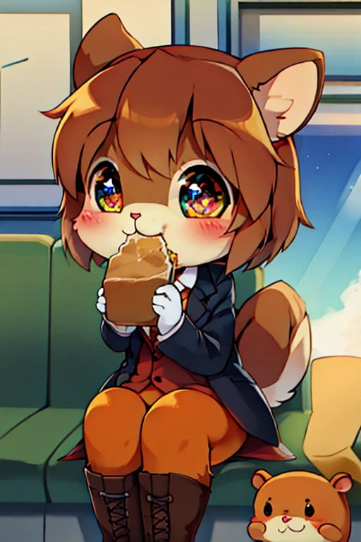 boy, squirrel and rabbit and cat, furry, bodyfur, blazer, bottomless, color tights, gloves, boots, chibi, happy, sparkling eyes, train, eating lunch