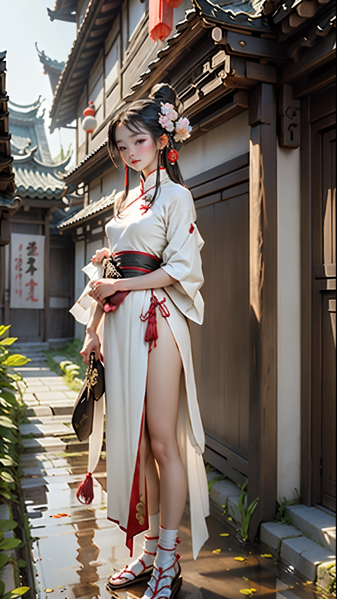 1girl,full body,nude,extremely detailed face, beautiful detailed eyes,light on face,cinematic lighting,looking at viewer,outdoors,Black hair,(balck Chinese architecture:0.05),hanfu,