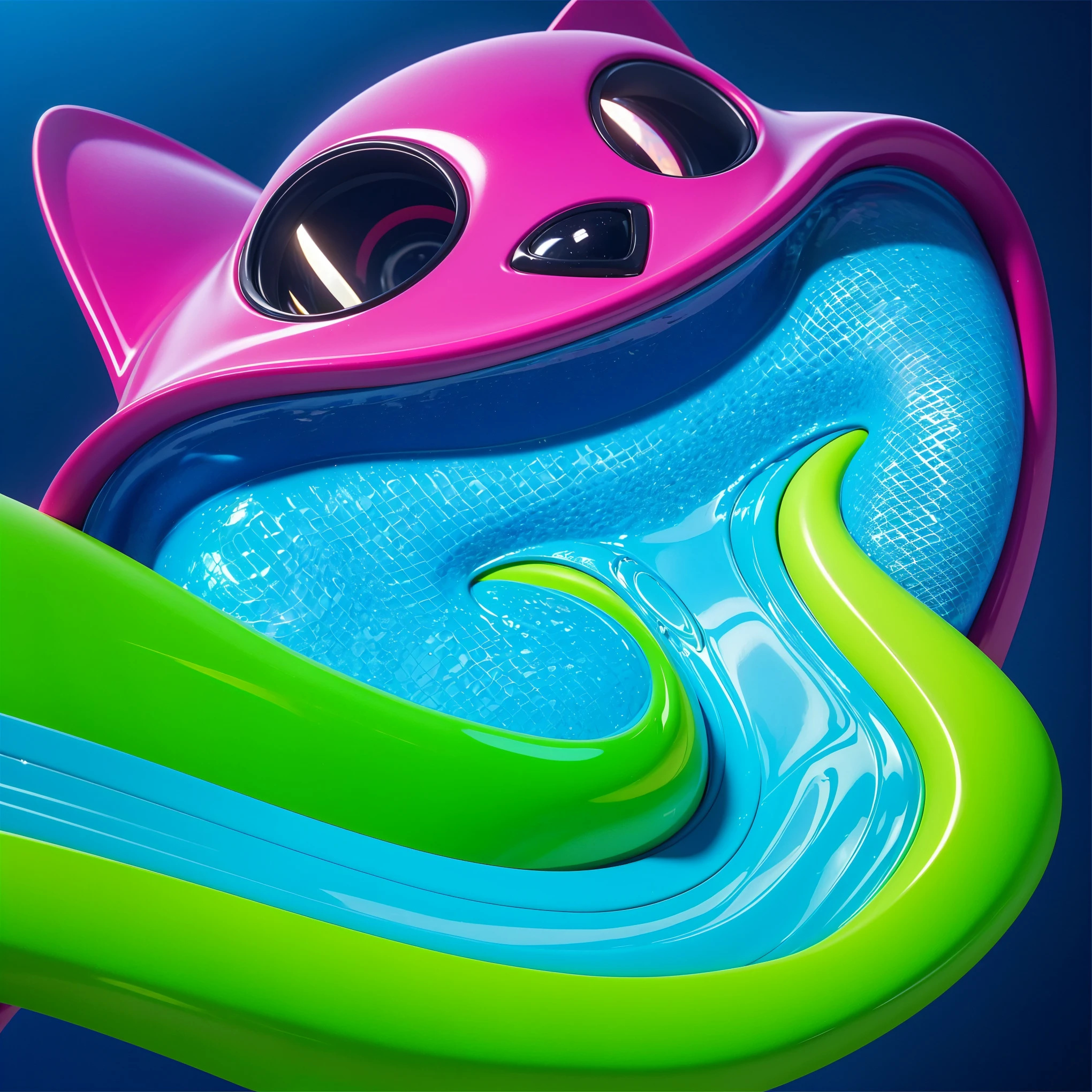 super realistic water, real water, water reflections in the pool, blue bottom of the pool with water Purple creature with black eyes and a smile and a pool in its mouth deep children's water pool filled with beautiful water with waves. The image depicts a close-up of a large, metallic spider-like robot with six legs and a body that resembles a combine harvester. It stands on a blue floor and is facing a red wall.cartoon key frame rendering, cute 3D rendering, Shiny metallic, zbrush color rendering. perfect cgi, cgi art created only with gradients, smooth silhouette, high intensity refraction, (plastic material), most beautiful vfx, blue background, plastic refractions, glossy texture, smooth 3d model, multiple light sources, rim light, sharp post effects render, (glossy plastic texture with multiple big light probe refractions), perfect cgi, cgi art created only with gradients, smooth silhouette, high intensity refraction, (plastic material), most beautiful vfx, blue background, plastic refractions