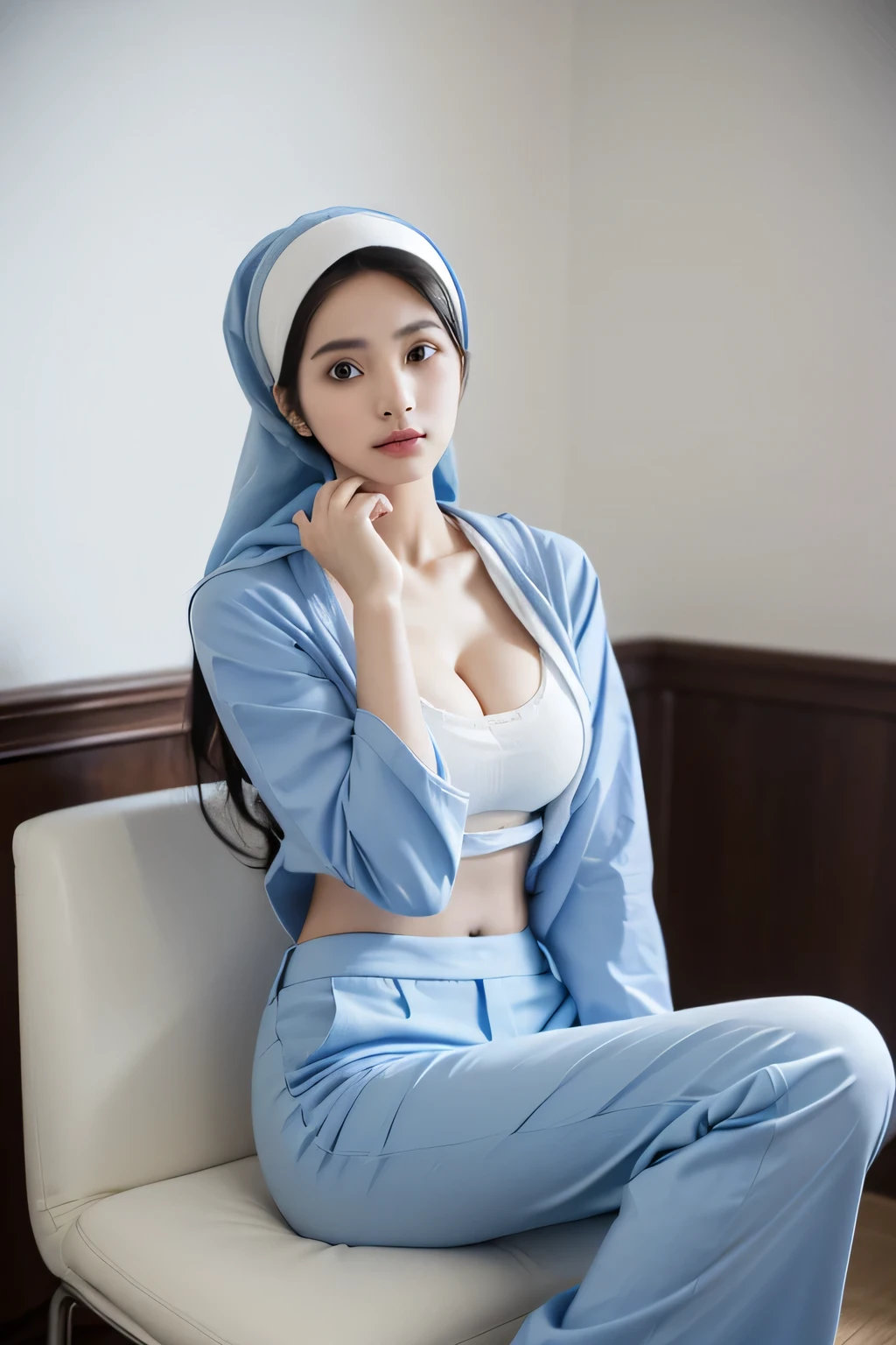 1 lady, 20 years old, best body, wearing white hijab, hijab covers whole hair, wearing blue nurse shirt & blue trousers, thighs, sitting on chair, holding up file, white background, nurse wear, close shot, cleavage, medium breast (medium breast 1.0), hospital