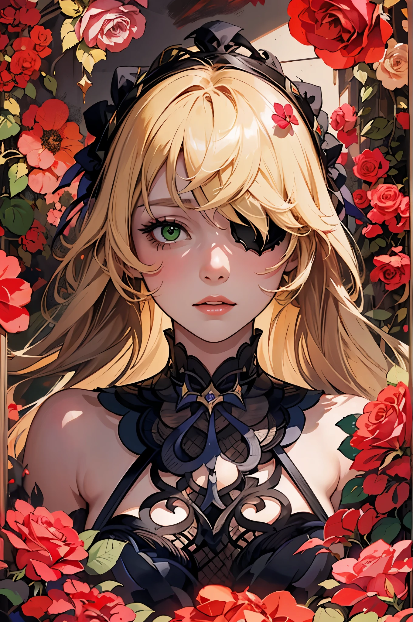 1woman, flowy blond hair ponytails, gothic, rose eyepatch in one eye, black lace gothic ****ta dress, dried flowers, stained glass, official art, unity 8k wallpaper, ultra detailed, beautiful and aesthetic, beautiful, masterpiece, best quality, (zentangle, mandala, tangle, entangle), (ecstasy of flower:1.2) dynamic angle, the most beautiful form of chaos, elegant, a brutalist designed, vivid colours, romanticism, atmospheric, extremely delicate and beautiful, Amazing, finely detail, masterpiece, ultra-detailed, highres,best illustration, best shadow,intricate,sharp focus, high quality, ((red roses around)) ((green eye))