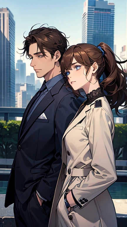 masterpiece, highest quality, 2. He, Group of 2, 1 male、1 female, mature, Adult, Height difference, Different Fashion, Different colors, Small eyes and a small face, Intricate details, Woman in a suit, A man wearing a pilot suit and coat,A man with a dark blue low ponytail,Modern cityscape, friend,  Brown haired woman, Dark blue eyed man, Woman with wavy medium hair