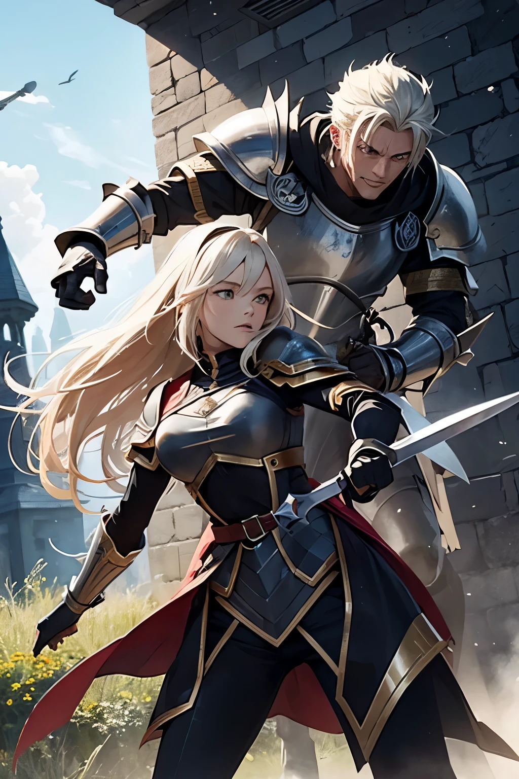 male wizard and female knight attacking enemy