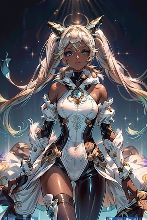 Iooiklas,Platinum Blonde Hair,Twin tails, hair ornaments, White Dress, Black knee socks, 
Removable sleeves,Complex eyes,Beautiful fine details,Symmetrical eyes,Big eyes:1.5,
(((dark skin,dark_skin,lustrous skin:1.5,bright skin: 1.5,
skin tanned,shiny skin,very shiny skin,Shiny body,plastic glitter 
skin,exaggerated shiny skin,illuminated skin))),
(,Detailed body,(Detailed face)), cute,Lewd,erotic,Bold,Camel toe revealing outfit,show skin,(((Sexy aqua fur coat, Aqua fur coat outfit,
 wearing a Ice Dress:1.3,aqua 冬 coat))), ((Ice Dress,elegant Ice Dress)),
(White gloves,White clothes,(((Complex outfit,Complicated clothes,Embroidered costume,Glamorous costumes,Embroidered clothes,
Glamorous clothing))),skinsuit, Bodysuits, pantyhose,
High resolution,Sharp focus,(Super detailed,Very detailed),(Very detailed CG unity 8k wallpaper),
(((Vibrant colors))),

smile, Seductive eyes,