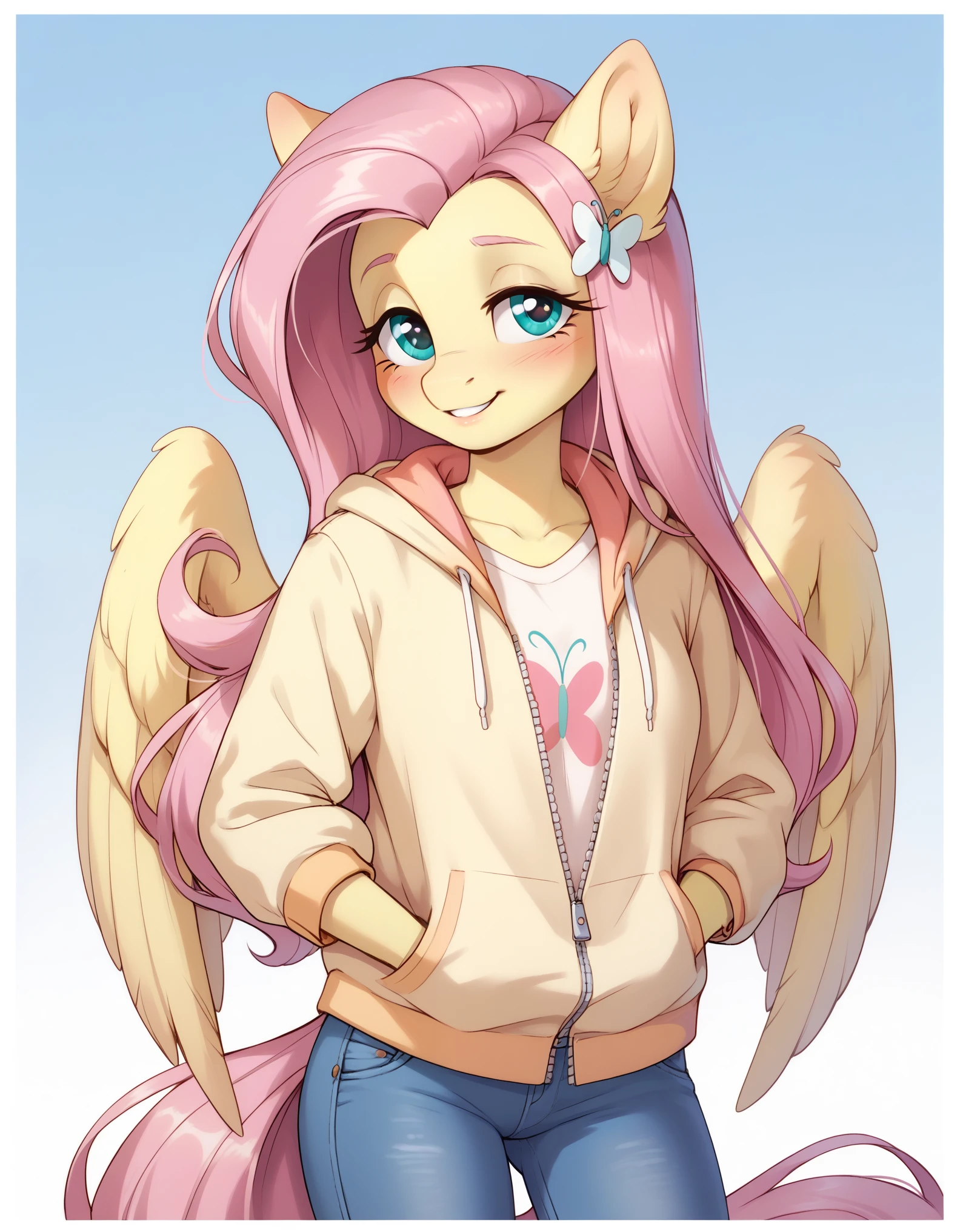 score_9, score_8_up, score_7_up BREAK fluttershy, pegasus, anthro, g4, blushing, border, fluttershy, clothes, denim, female, gradient background, hand in pocket, hoodie, jeans, lidded eyes, mare, pants, smiling, solo, nording