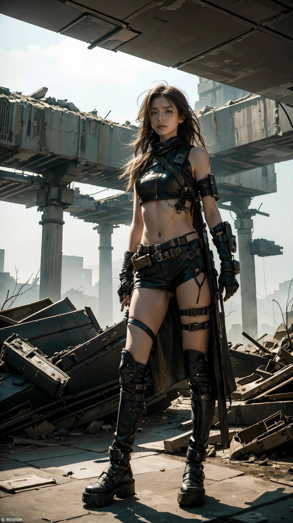 A post-apocalyptic female warrior in a desolate, dystopian world. She has long, wind-blown hair and a determined expression, embodying a strong will and combat skills. She walks through devastated urban landscapes and ruins. In her hand, she holds a custom-made weapon, symbolizing her resilience and power. The setting is gritty, featuring debris and remnants of buildings, capturing the essence of a dystopian future.