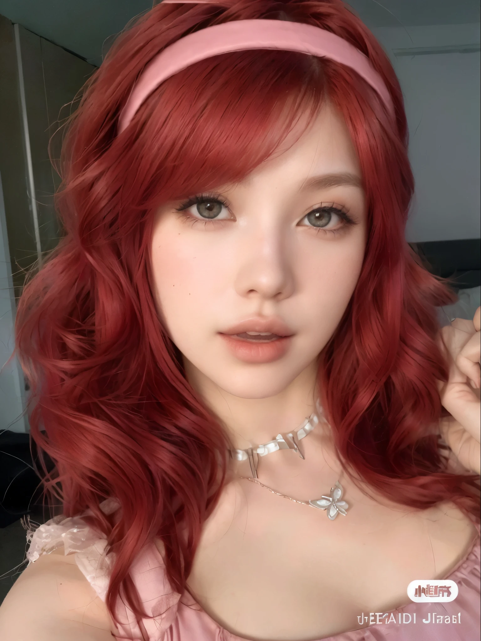 a close up of a woman Con cabello rojo and a pink dress, peluca roja, con pelo rojo rizado, amoranto, better known as amoranto, pale red, bella delfina, crimson red hair and red eyes, chica anime en la vida real, Con cabello rojo, hada, pelo rojo rizado, pelo rojo vibrante ondulado, Dyed Red Hair