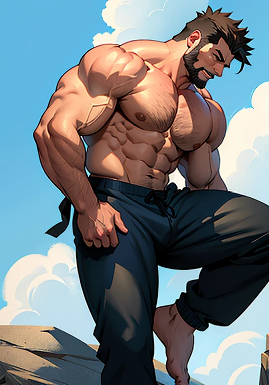 Anime man, 40-year-old, barefoot with oversized feet, he was a burping behemoth, frequently unleashing a torrent of belches that wafted towards me, an unwelcome scent in the air. His muscular physique, a sight to behold, was on full display as he went shirtless, revealing a chiseled abs and bulging biceps that commanded attention. The definition of a hot, hirsute man, his thick stubble adorned his jawline, a stark contrast to the smoothness of his bare chest. Despite his burping habits, there was an undeniable allure to his manliness, accentuated by his large