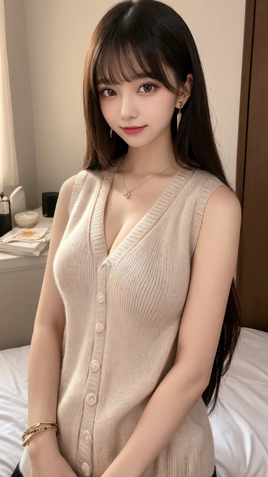 masutepiece, Best Quality, Illustration, Ultra-detailed, finely detail, hight resolution, 8K Wallpaper, Perfect dynamic composition, Beautiful detailed eyes, good hands, cleavage, full body, black hair, straight hair, Blunt Bangs, (Absurdly Long Hair:1.8), (Beautiful Voluminous breasts:1.6), real looking skin, Natural Color Lip, The best smile, 17 year old, Beautiful girl with voluptuous body, (sleeveless sweater:1.5), (bedroom background:1.2), (night:1.2), (bonfire), earrings, pendant, bracelet, tiara