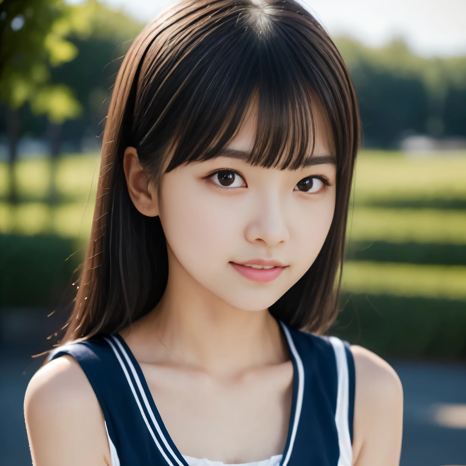 masterpiece, highest quality, 8k, 1 girl, (23 years old),  alone, Close-up of face,(Super cute idol-like face:1.2), Delicate girl, Black Hair, Middle straight hair, bangs, View your audience, Frank, Sophisticated, Professional Lighting, Film Grain,  Beautiful appearance, (No background), (White sleeveless blouse:1.2), Upper Body, Small breasts, (On the way home from school), 