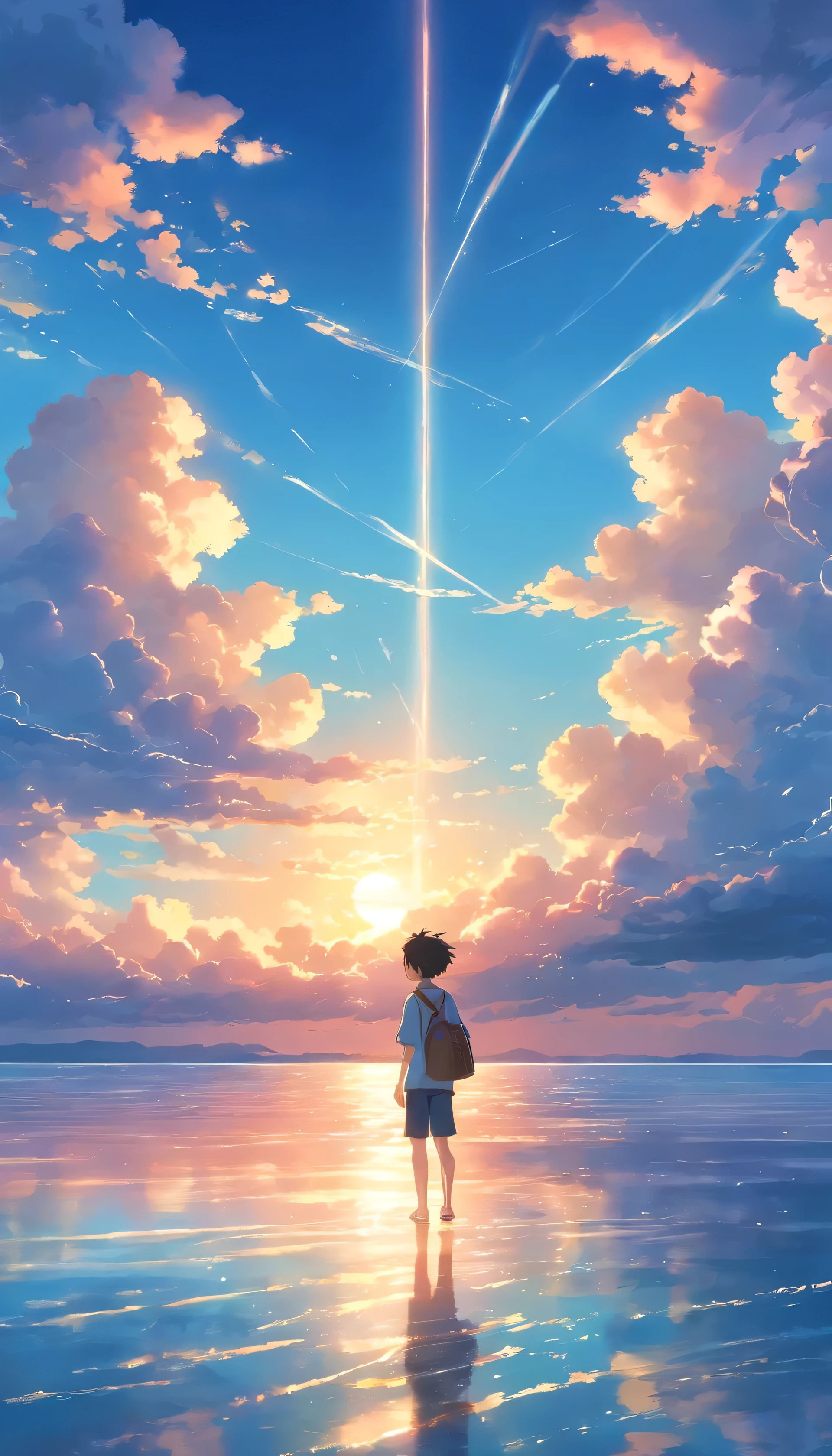 masterpiece, best quality, movie still, 1boy , clouds, floating in the sky, bright, happy, warm soft lighting, sunset, wideshot (sparks:0.7)