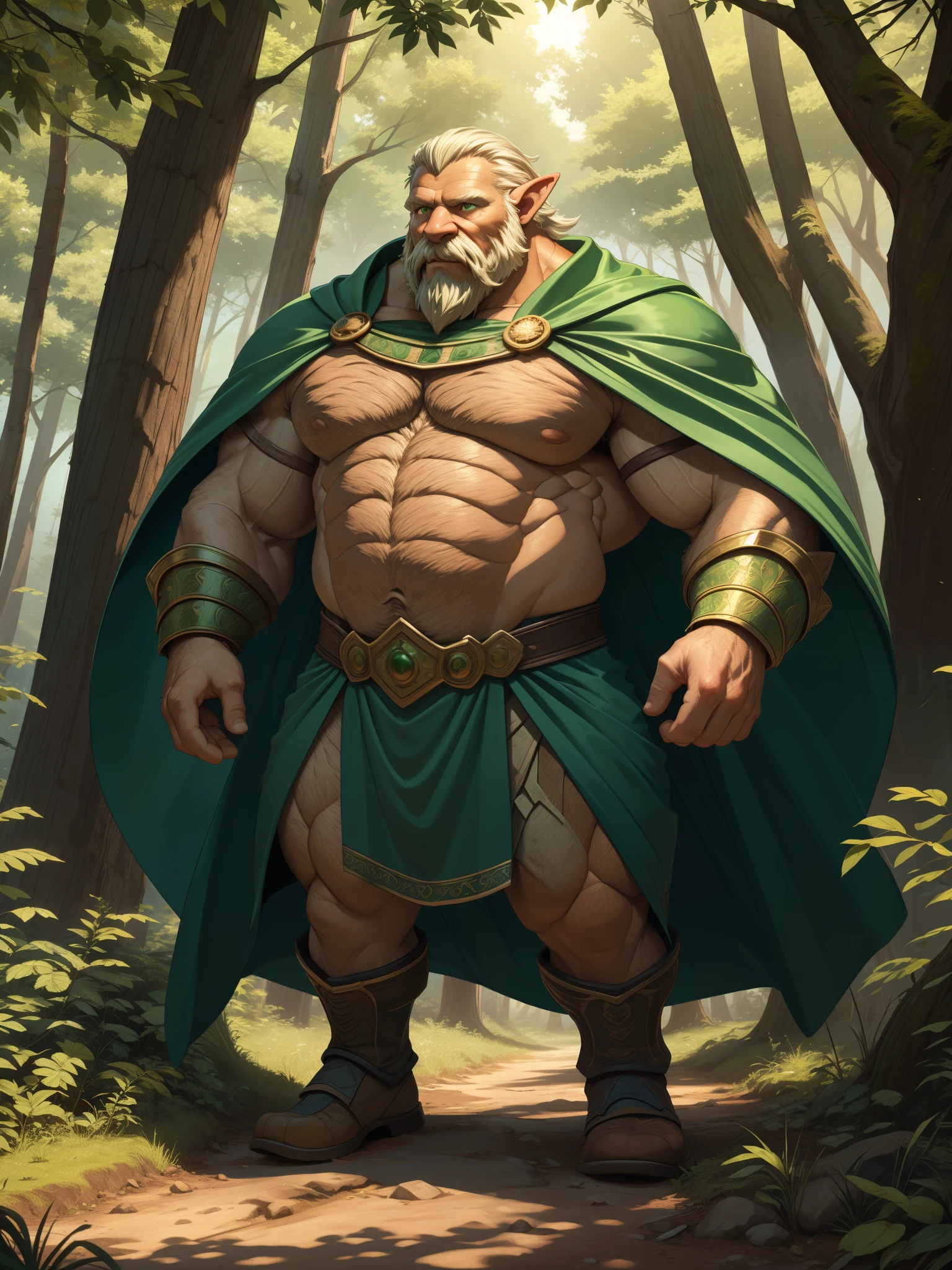 (best quality,4k,8k,highres,masterpiece:1.2),ultra-detailed,(realistic,photorealistic,photo-realistic:1.37),huge muscular elf in ancient forest,old,old man,muscular,[ancient forest],[moss-covered ground],[majestic trees],mysterious fog,AncientElvenArmor,enchanted glowing sword,aged face with long white beard and wrinkles,wisdom in the eyes,serene expression,cape flowing in the wind,sunlight filtering through the branches,evokes a sense of magic and tranquility,portraits,green color palette,soft lighting