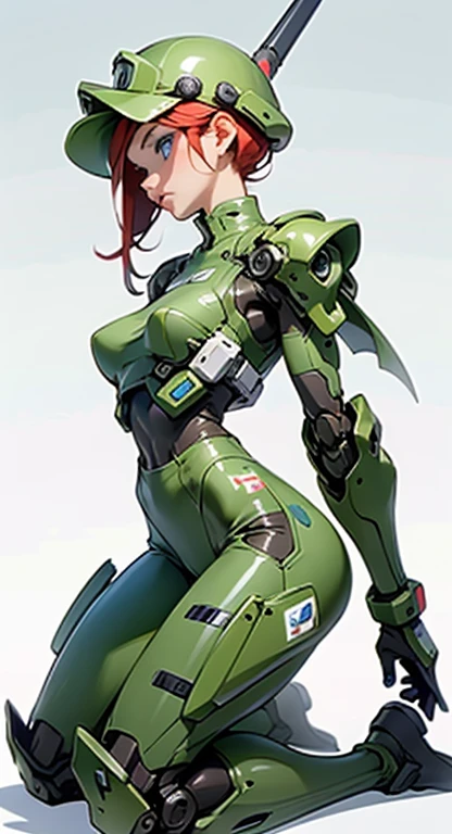 1woman 20 years old, max resolution, sculpted, military, wearing a soldier helmet, beautiful, perfect body, red hair, blue eyes, perfect body, thin waist, wide hips, large breasts, slim thighs, jungle background, armored vehicle, military robot dog, camouflaged uniform, tight panties, two-piece, highly detailed, high resolution, perfect hands, side view, camo, face fully turned to the side to look at the viewer, turn her head to look at the viewer, genuflection kneeling, one knee on ground, one knee up, bare shoulders