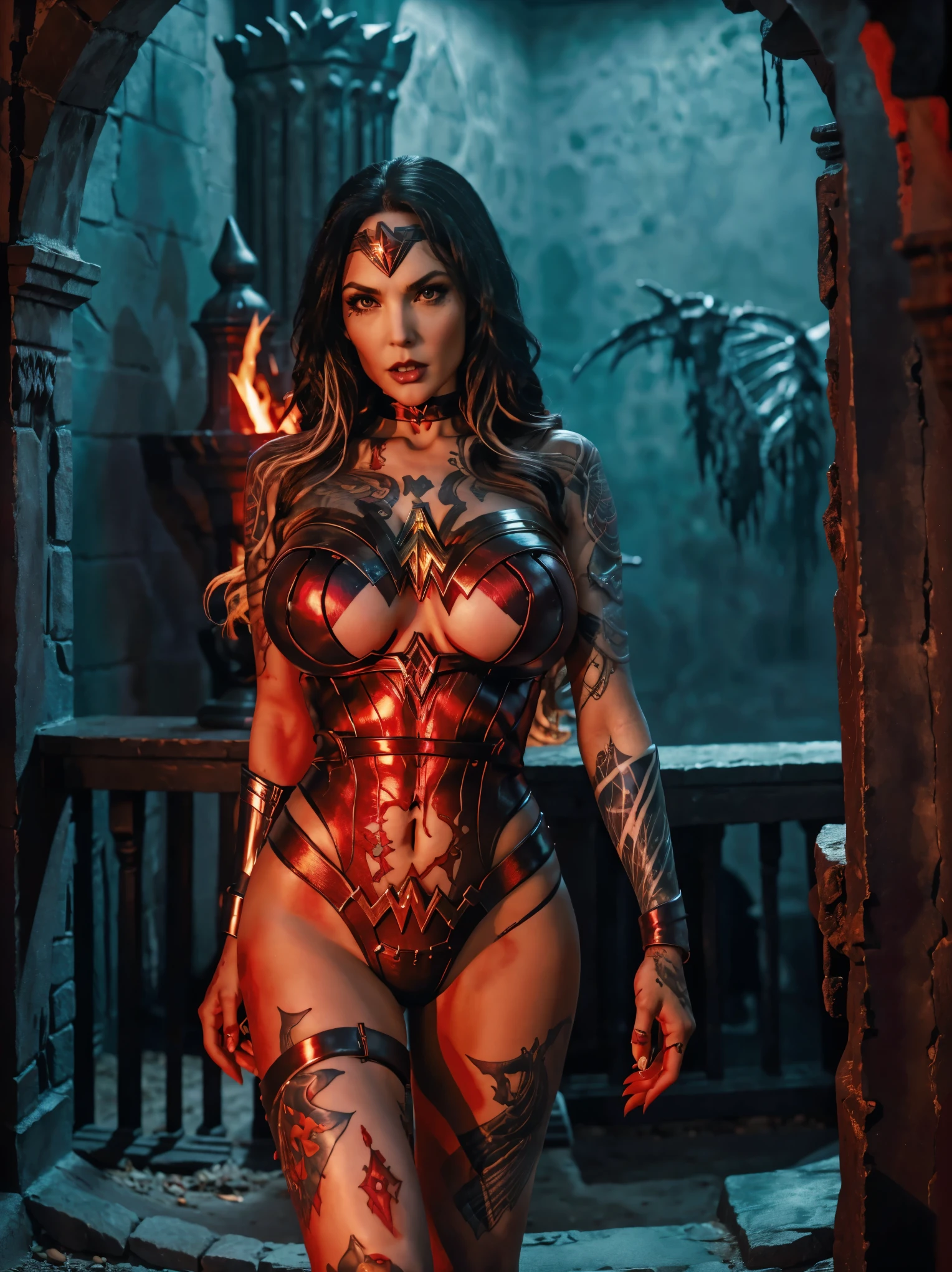 wonder woman , bimbostyle with big tits}, flaming eyes, full body tattooed {incandescent red tribal}, outside in a black castle ((vampire version, dark and horror aspect))