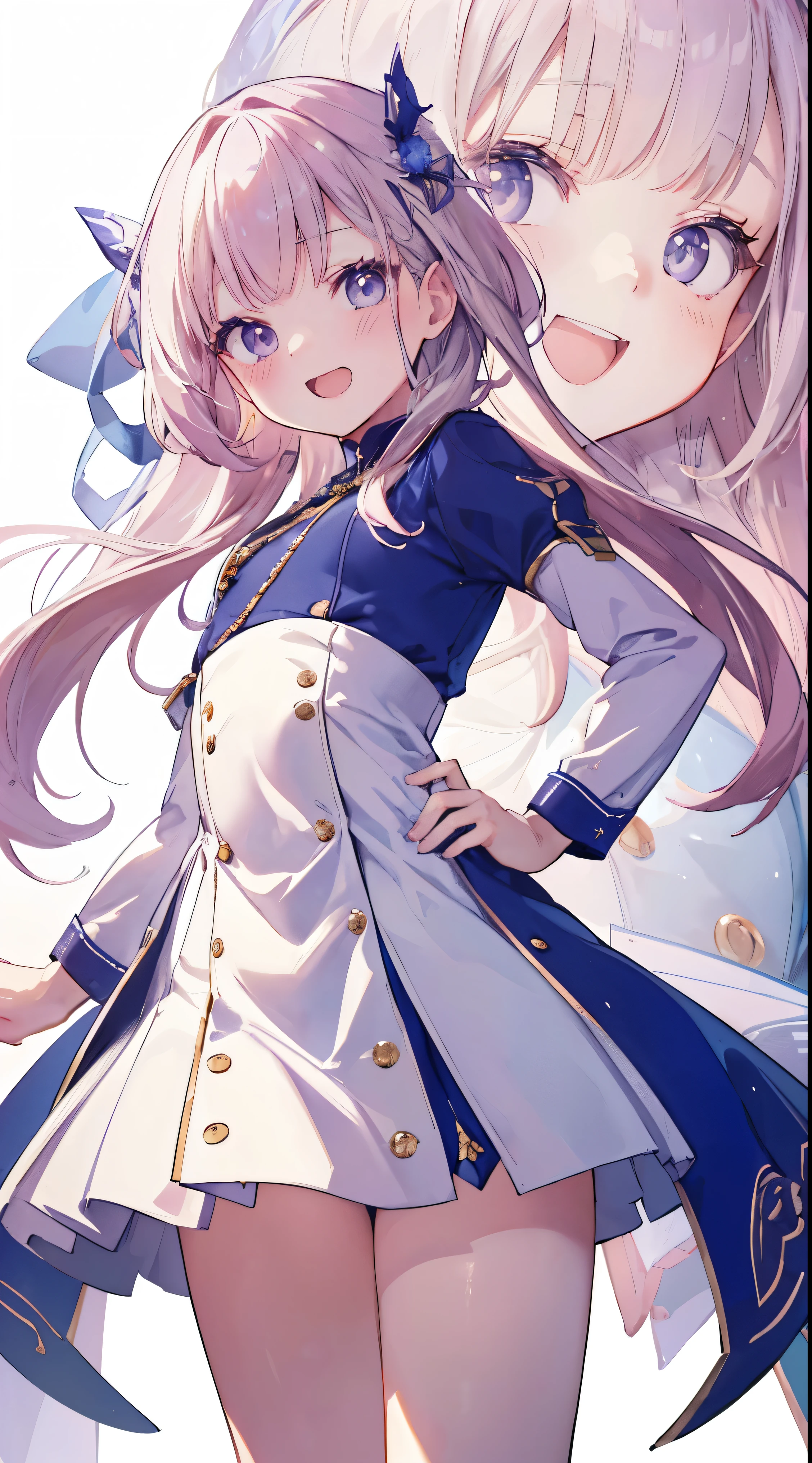 Masterpiece、Highest quality、highest quality、((((Petite))))、(Open Mouth Smile)、Shiny hair quality、Small face、Dynamic pose、Super detailed, beautiful, wide eyes、Ultra-detailed, clear and beautiful faces、(cute illustration:1.2), High-resolution, ultra-detailed, best quality, embarrassed、Thighs