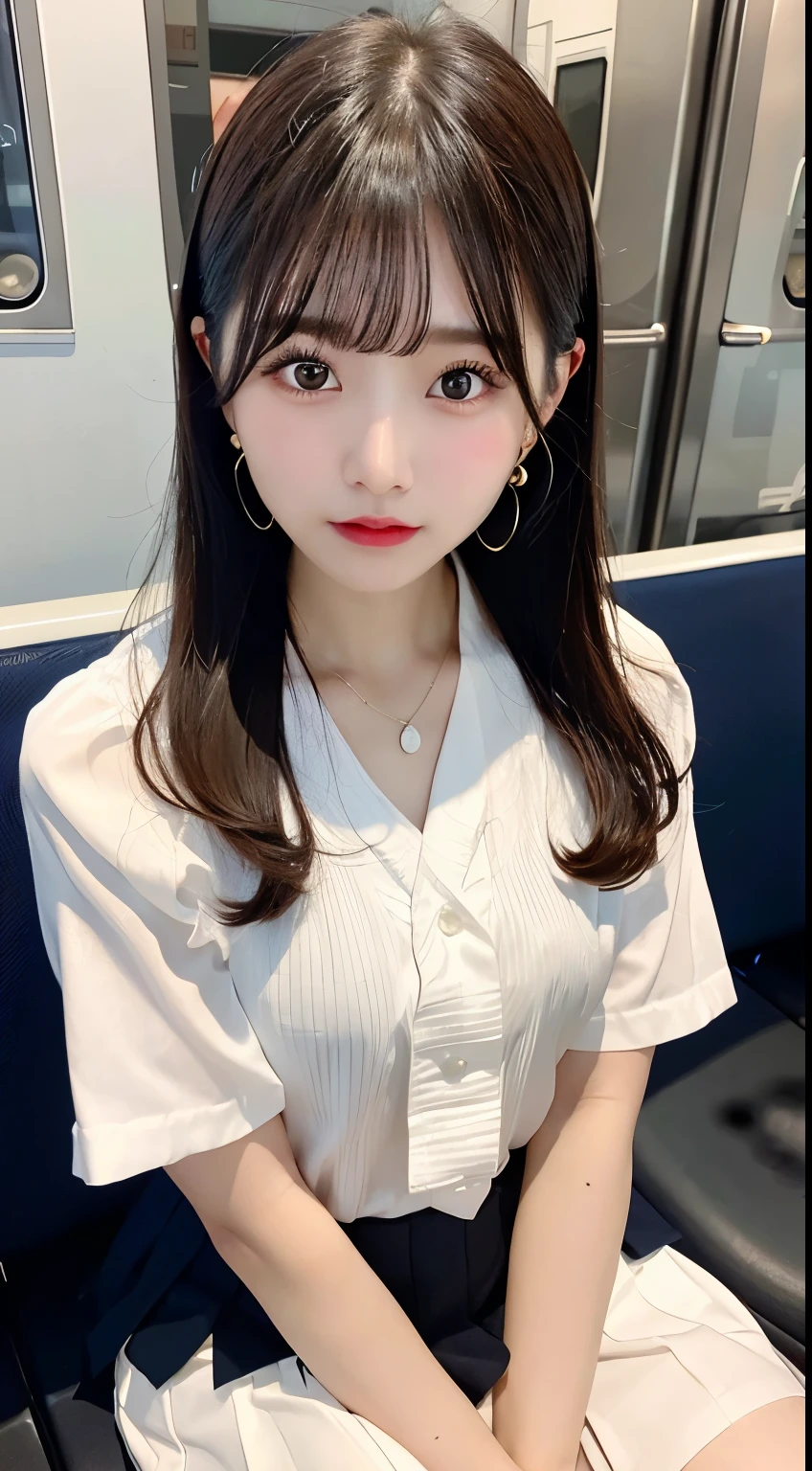 8K RAW Photos、High resolution、breast enhancement、Abdominal muscles、Ribbed、Black-haired、Beautiful at 22 years old Japan、Round face、very small lips、Round big、valley、Beautifully drawn eyes in every detail、Long eyelashes、Beautiful double eyelids、Three white eyes、Duck mouth、Blunt bangs、Bowl Cut、Earrings、necklace、Random facial expressions、White dress shirt, Upper Body,, (Navy Pleated Skirt:1.1), Thighs Thighs Thighs Thighs, Short sleeve, in the train, sit on bench seat, (Dark red tie:1.1)