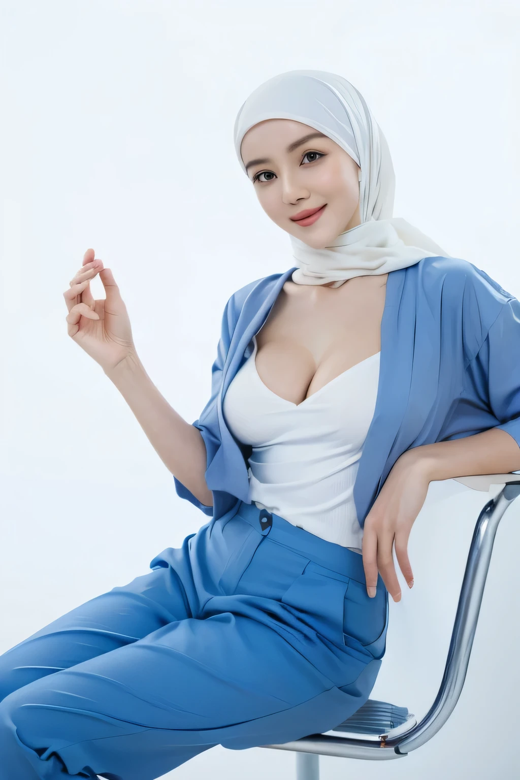 1 lady, 20 years old, best body,  wearing white hijab, hijab covers whole hair, wearing blue nurse shirt & blue trousers, thighs, sitting on chair, holding up file, white background, nurse wear, close shot, cleavage, medium breast (medium breast 1.0), hospital