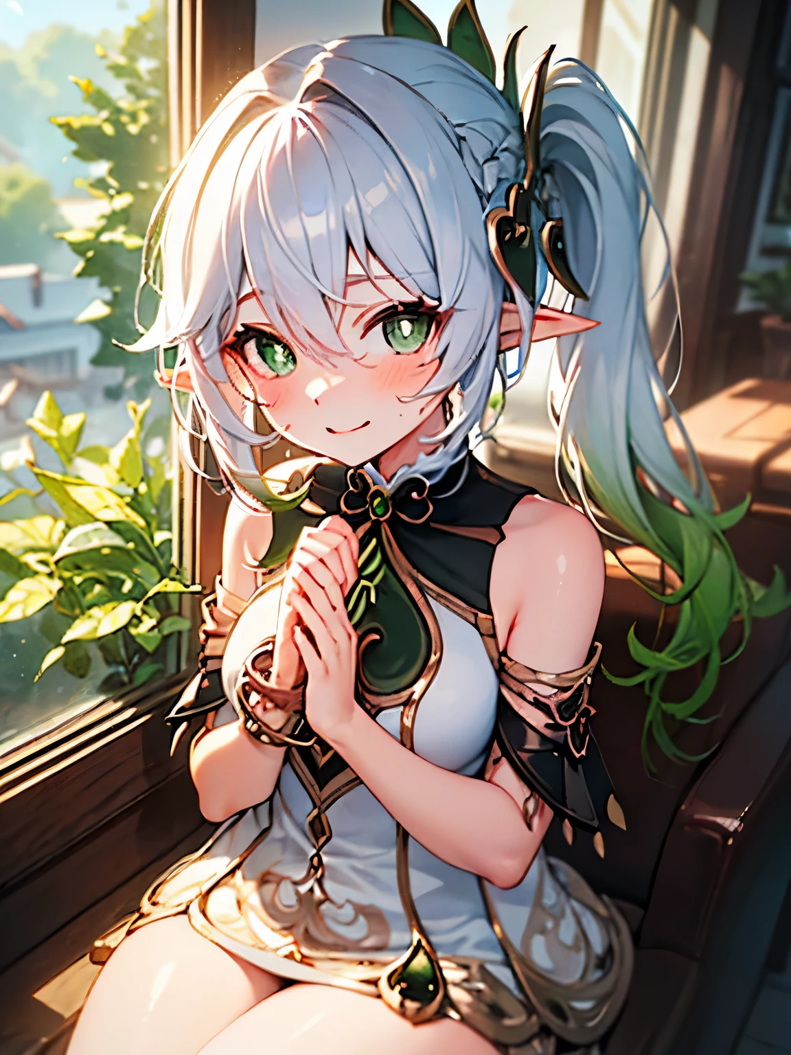 NSFW,nahida_genshin long hair、Green Eyes、bangs、Pointy Ears、hair ornaments、Gray Hair、Symbolic eyeulti-colored hair、Side Ponytail、Gradient Hair、Green Hair、Hair between the eyes、Cross pupil、smile、jewelry、葉っぱのhair ornaments、bracelet,Embarrassed,blush,(Perfect hands),(Perfect Anatomy),(masterpiece),(highest quality),Coffee shop