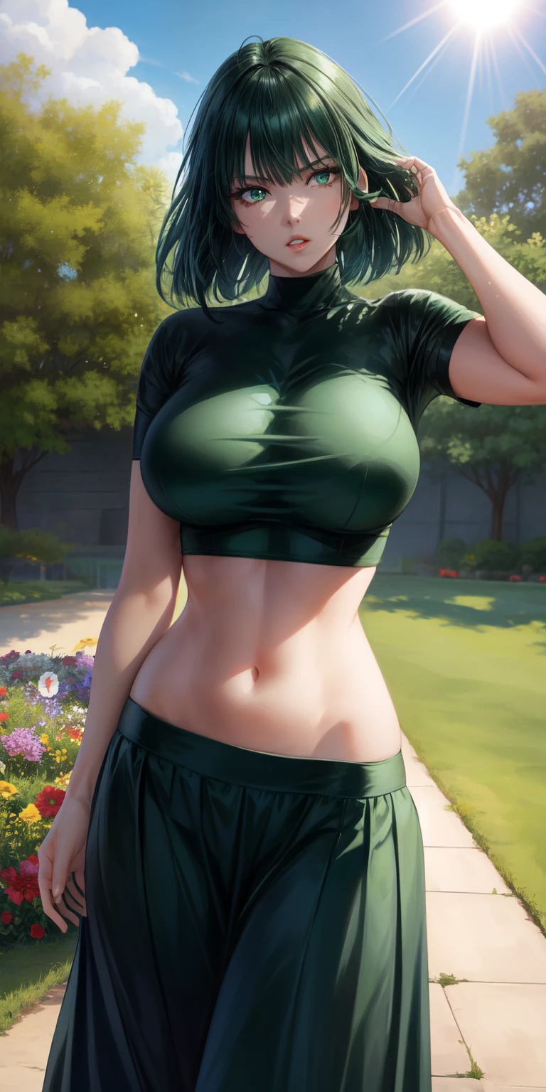 realistic, 1girl, Fubuki, green hair, green eyes, big round breasts, pure white skin, shining eyes, dark green crop top, dark green skirt, parted lips, rouge, night, flowers, sun, sunshine