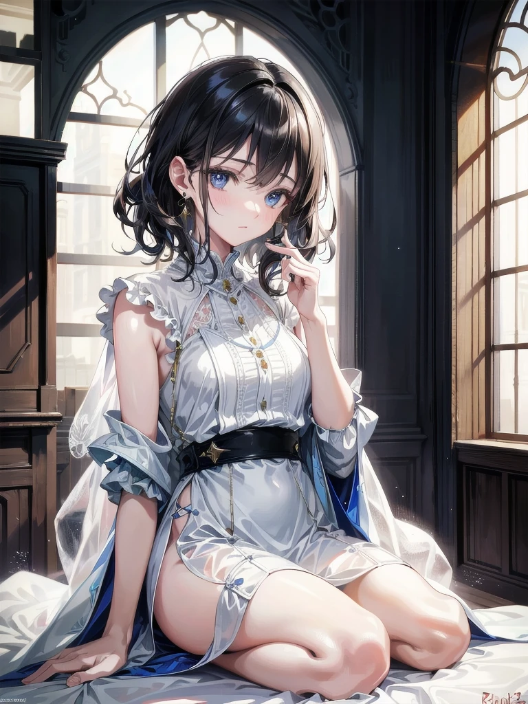 full body shot, absurdres, RAW photo, extremely delicate and beautiful, masterpiece, Best Quality, ultra high resolution, 32k, hyperrealistic, ultra-detailed, detailed beautiful face and eyes, tearful mole, earring, short medium hair, wavy hair, surcoat,