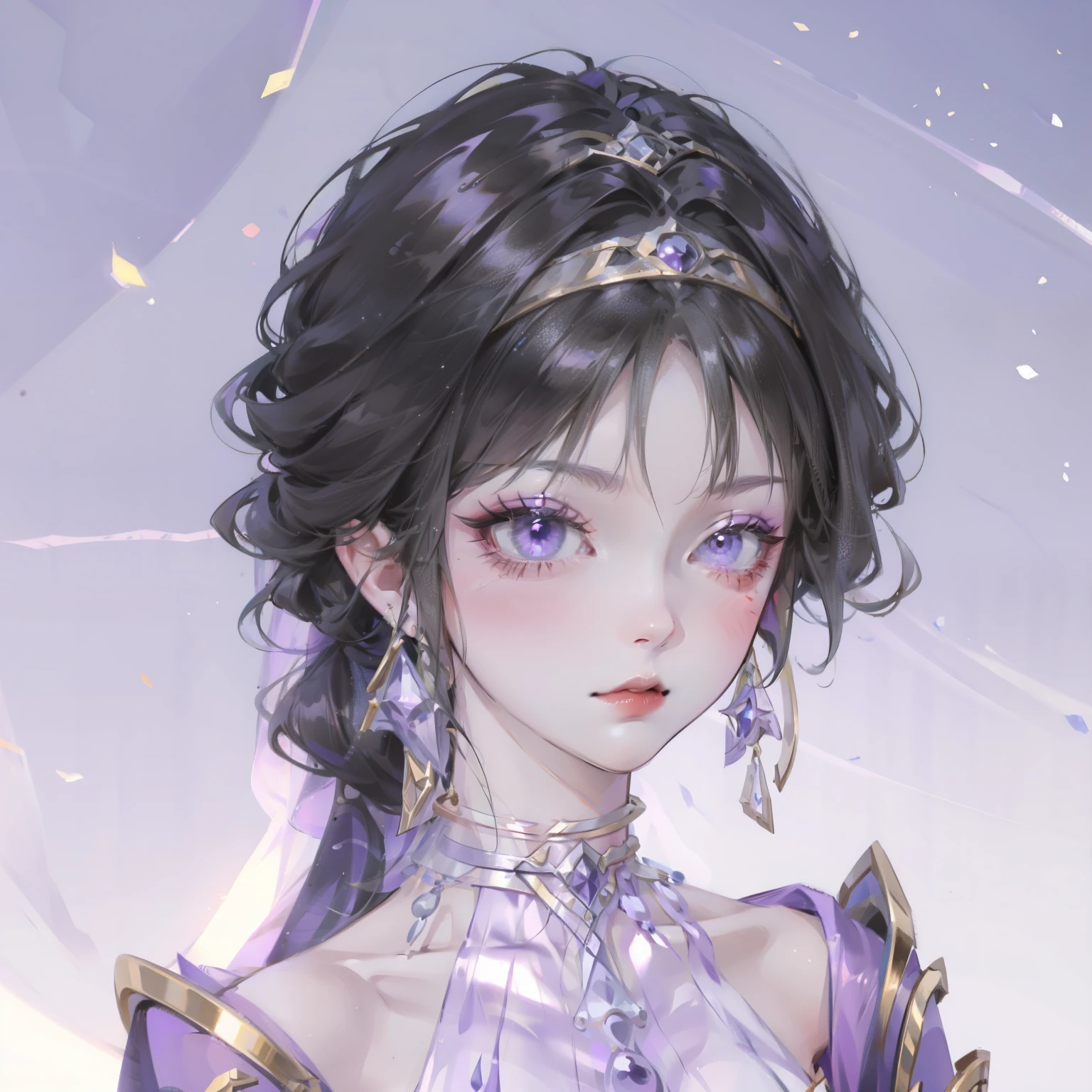 A woman with black wavy hair and purple eyes, Black alien armor, freckle, blush, Eyeshadow, Cute face