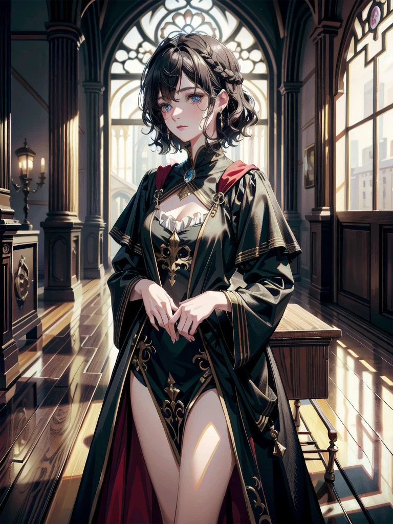 full body shot, absurdres, RAW photo, extremely delicate and beautiful, masterpiece, Best Quality, ultra high resolution, 32k, hyperrealistic, ultra-detailed, detailed beautiful face and eyes, tearful mole, earring, short medium hair, wavy hair, surcoat,