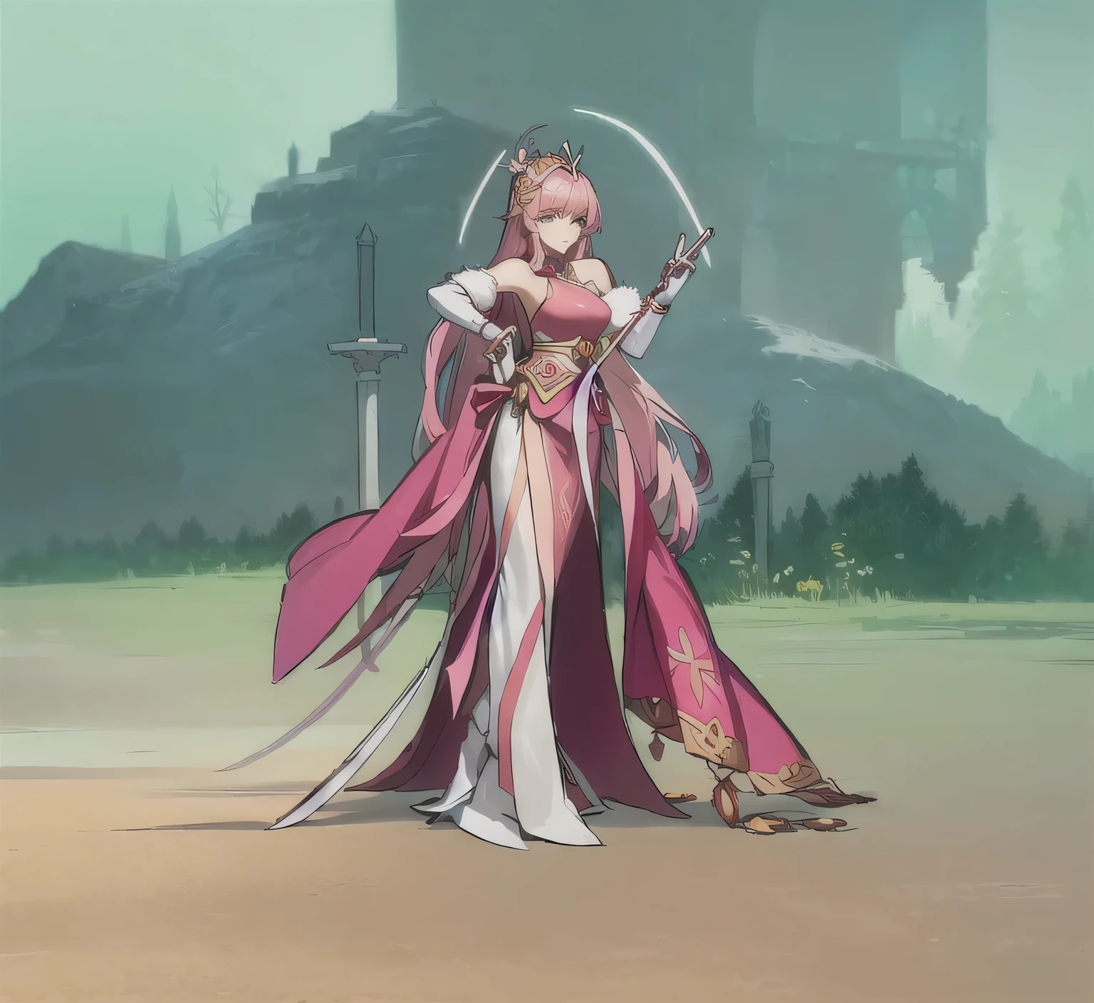 Anime style woman in pink dress holding a sword and saber, She holds a long stick, She holds a sword, Inspired by Li Tang, Kushat Krenz Key Art Women, Katana Zero video game character, Inspired by Lan Ying, Inspired by Ju Lian, beautiful fantasy queen, Female earth magician, Priestess