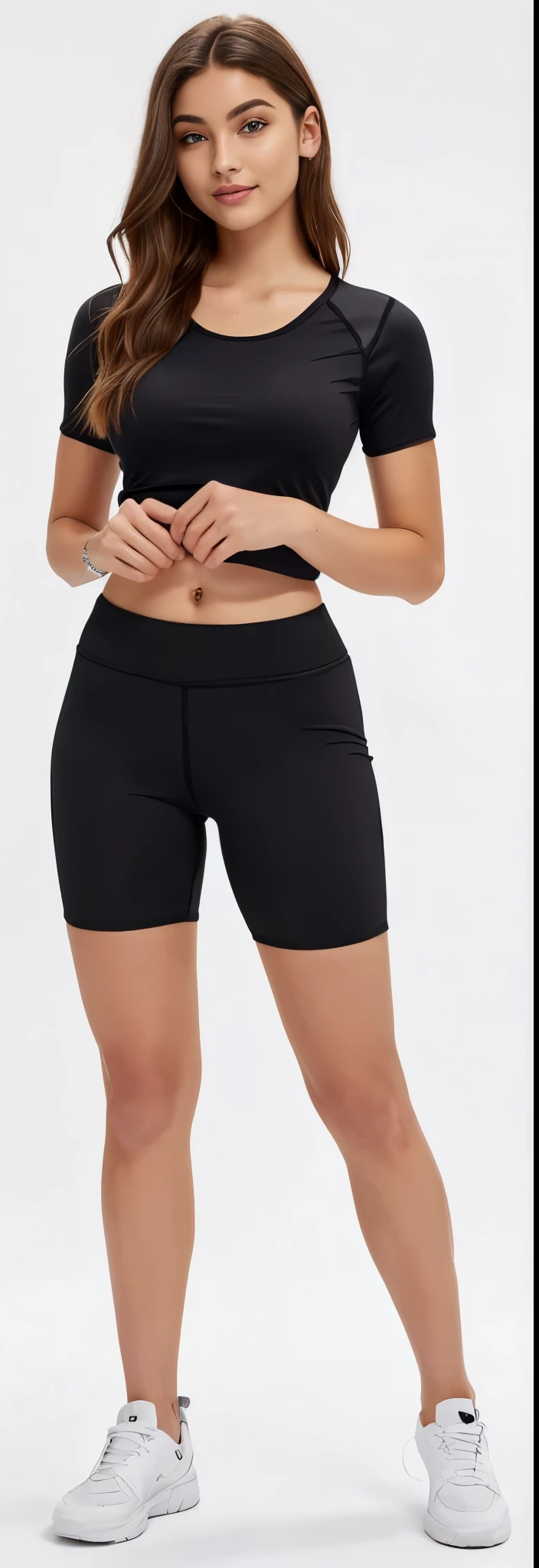 uma mulher de top preto e shorts posando para uma foto, Corte Yoga Curto, shorts pretos, shorts pretos de menino, wearing shorts pretos, Athletic shorts, pernas tonificadas, sexy shorts pretos, In shorts, shorts de menino, Shorts esportivos, mulher baixa e robusta, coxas focus, coxas, blusa preta justa e shorts, shorts de saque, visible legs, pernas grossas