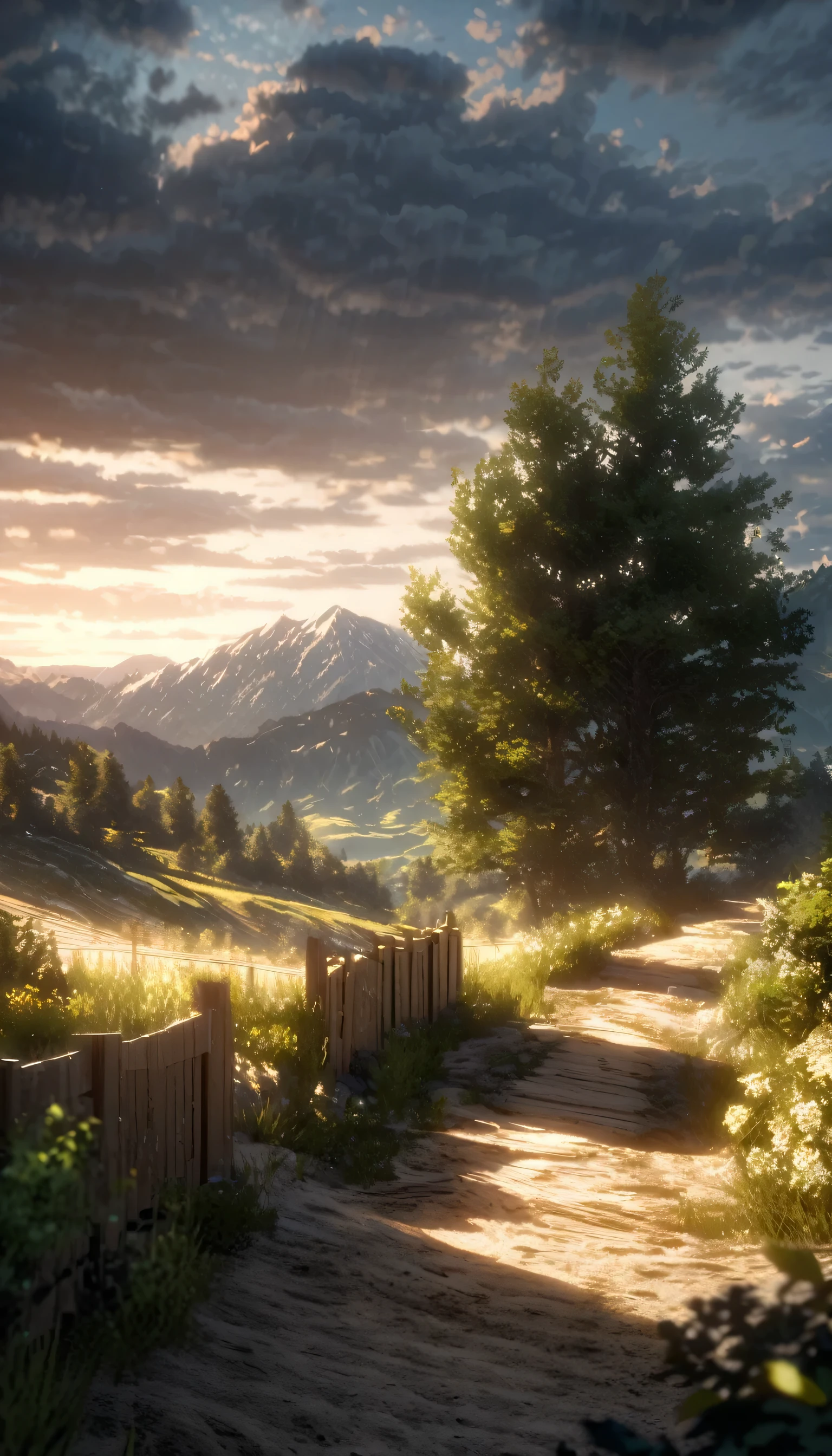 Serenity of pastoral scenery with greenery mountains in background, wooden fence, dirt pathway, sky, cloudy, octane render, HD, illumination, captured in hill, cinematic light