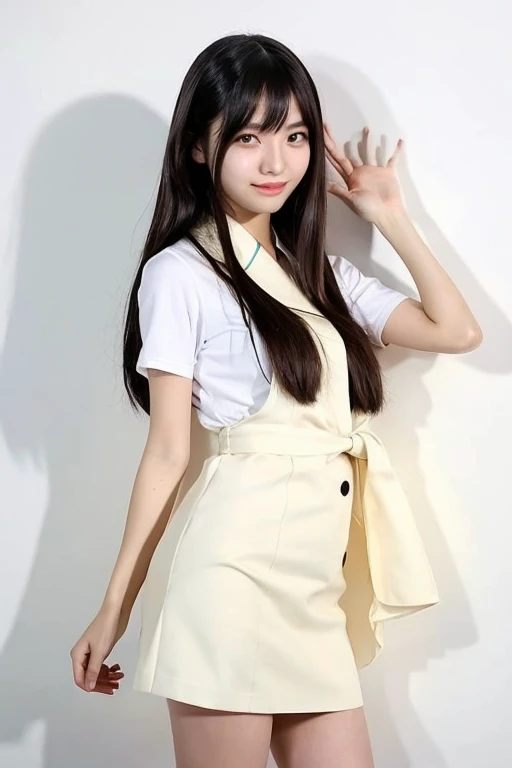 A 20-year-old Japanese woman with dynamic hair, wearing a cosplay, standing upright in front of a white wall, neatly arranged long straight hair, forehead sticking out, black hair, very Japanese woman. Cute face, above the knees, serious and neat honor student atmosphere, no makeup